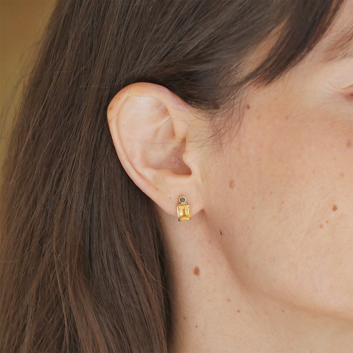 Custom Emerald Cut Natural Citrine Stud Earrings with Black Diamonds
