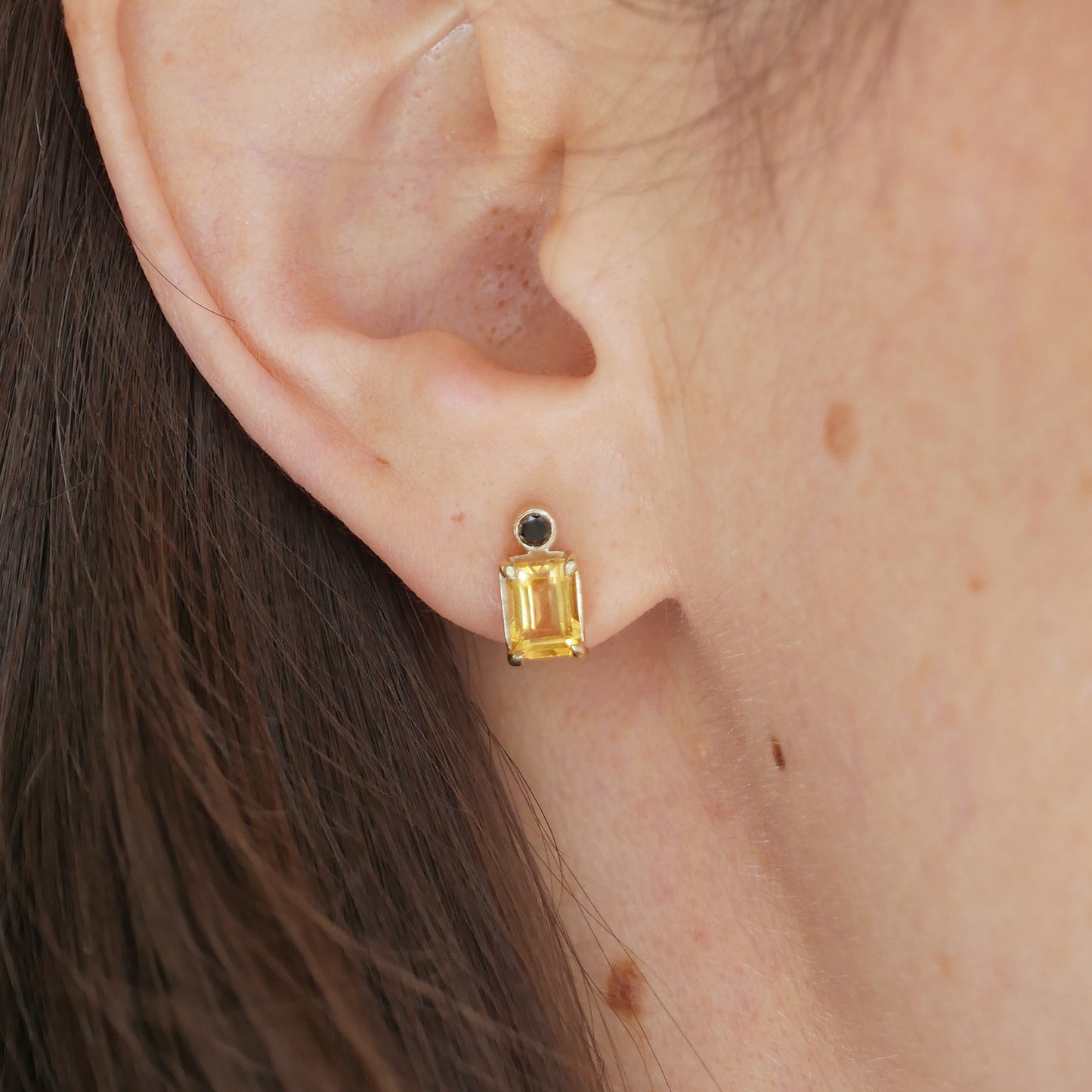 Custom Emerald Cut Natural Citrine Stud Earrings with Black Diamonds