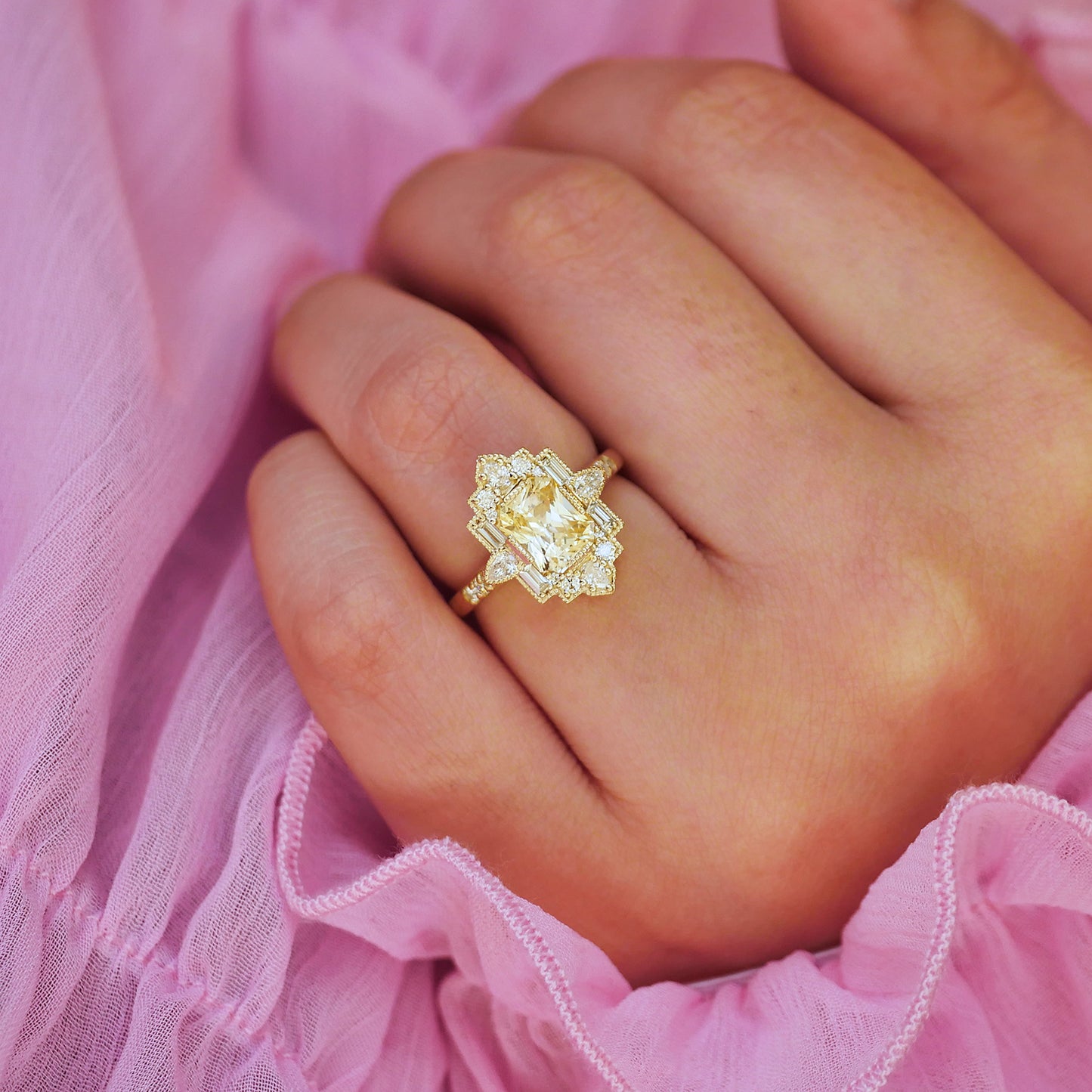 Yellow Sapphire Deco Emerald & Pear Diamond Mosaic Ring