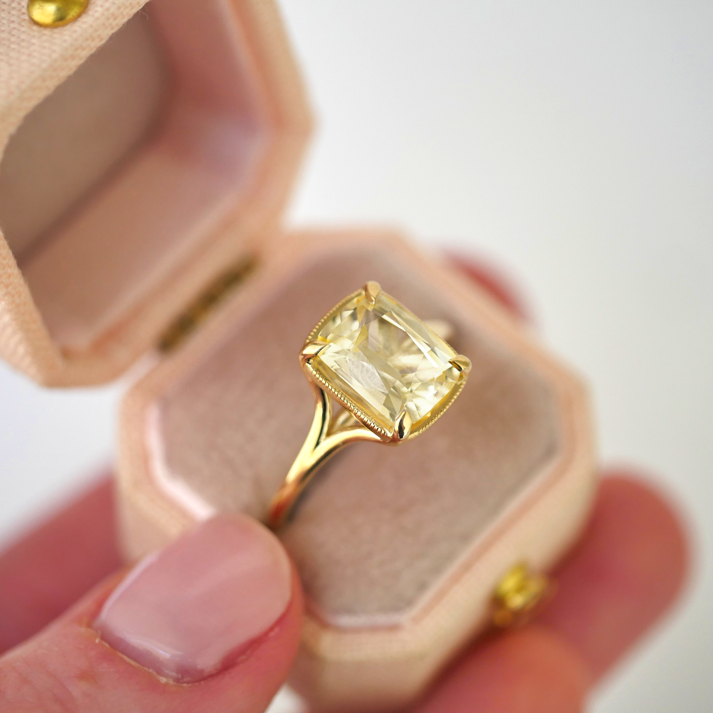 Yellow Elongated Antique Cushion Sapphire Split Shank Solitaire