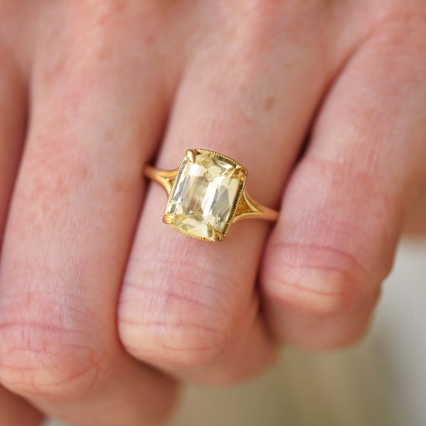 Yellow Elongated Antique Cushion Sapphire Split Shank Solitaire
