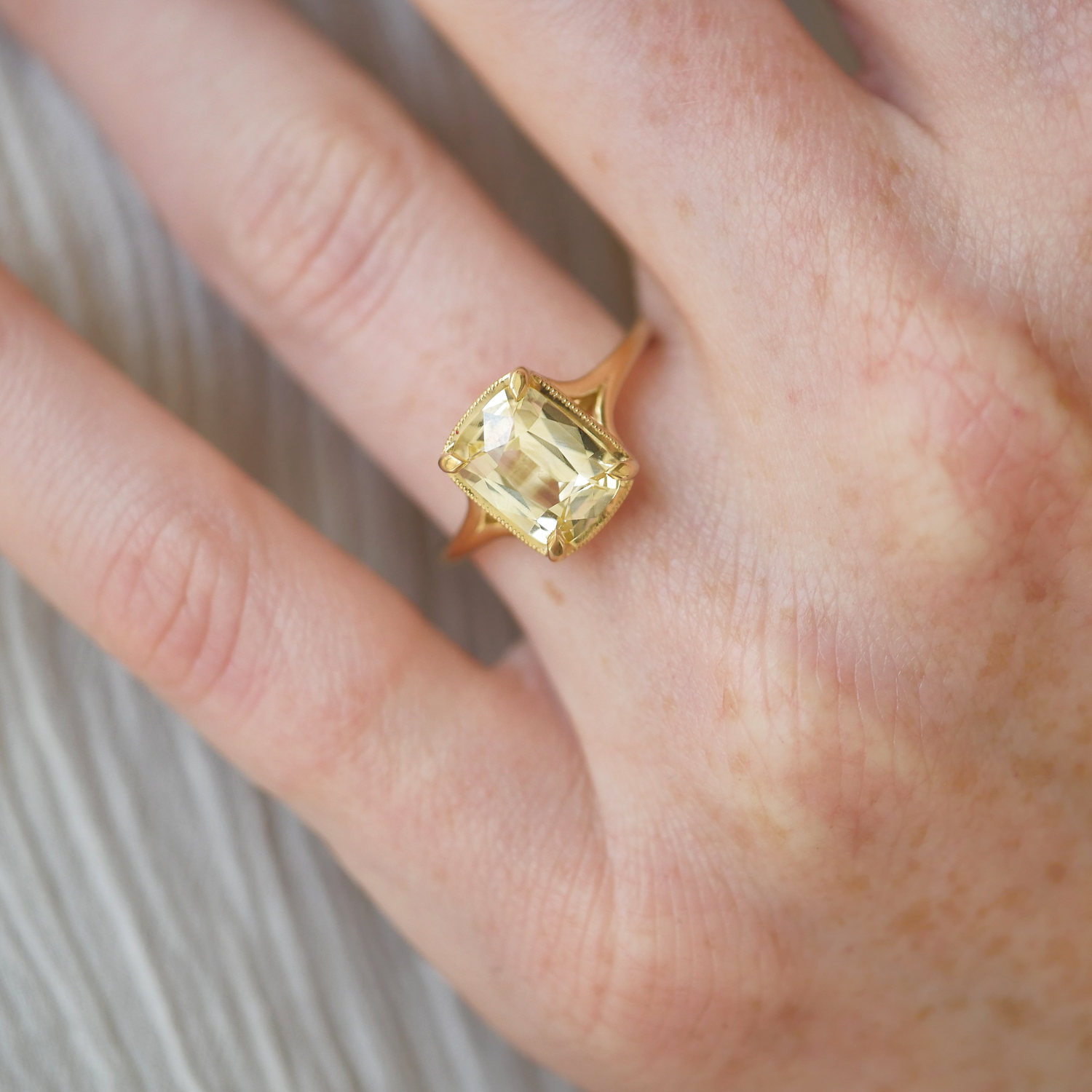 Yellow Elongated Antique Cushion Sapphire Split Shank Solitaire