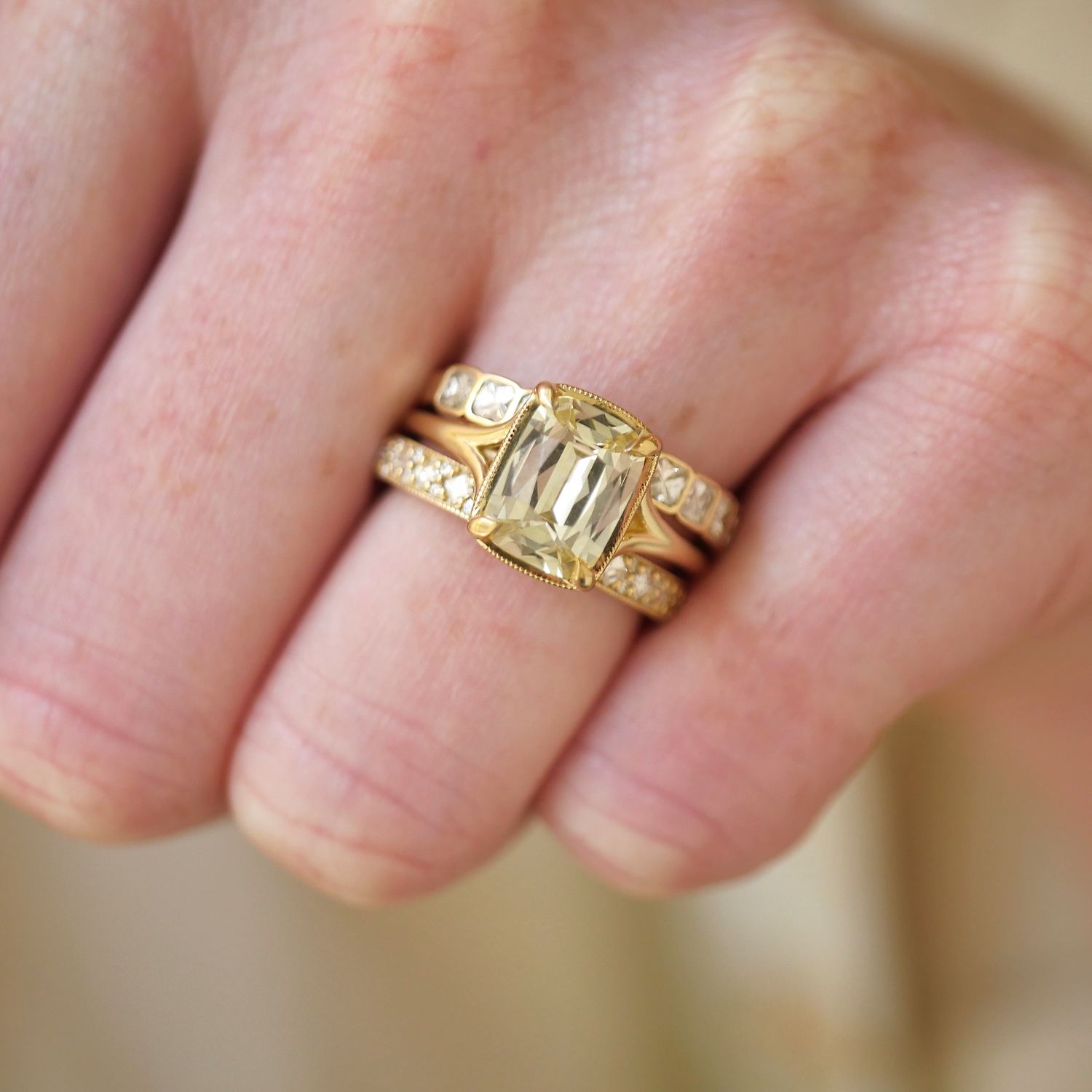Yellow Elongated Antique Cushion Sapphire Split Shank Solitaire