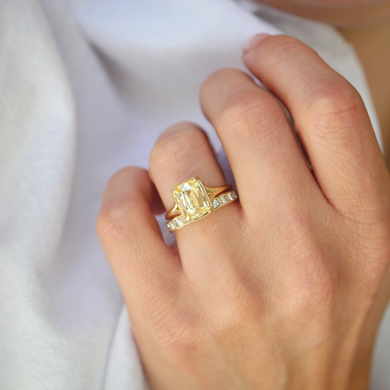 Yellow Elongated Antique Cushion Sapphire Split Shank Solitaire