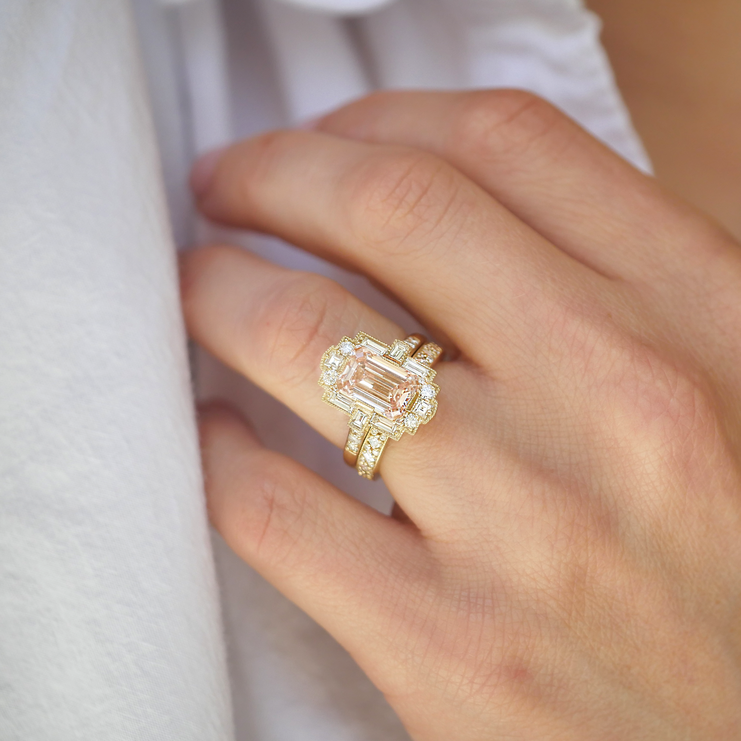 Deco Emerald Cut Pink Diamond Mosaic Ring