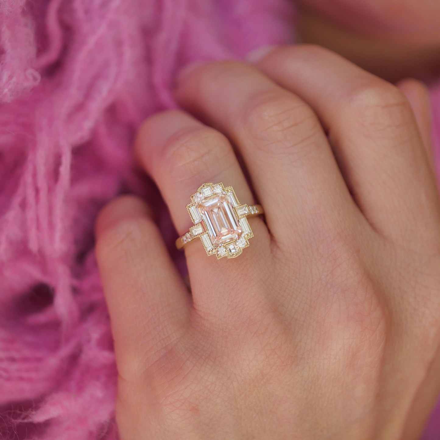 Deco Emerald Cut Pink Diamond Mosaic Ring