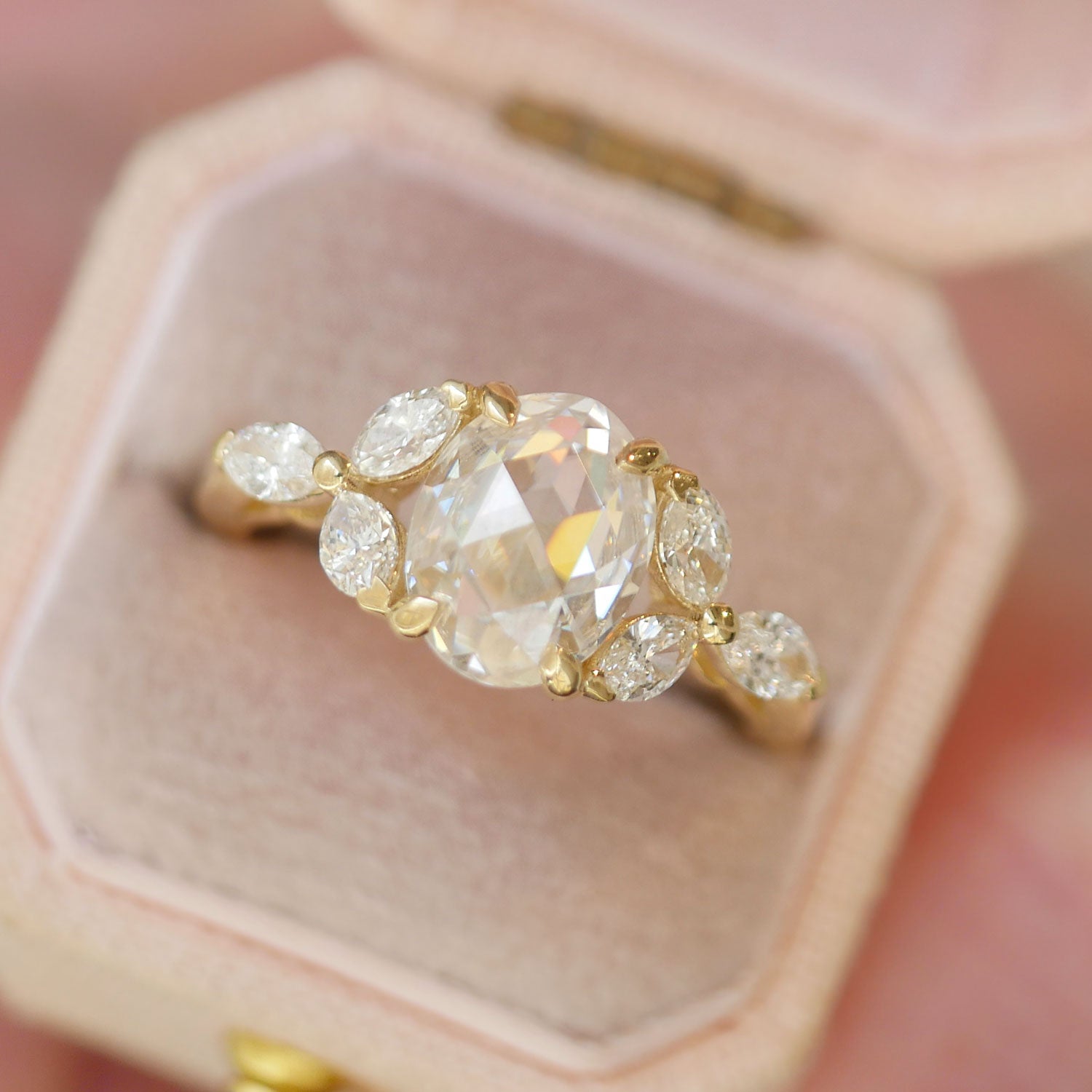 Oval Rose Cut Moissanite & Marquise Diamond Ring