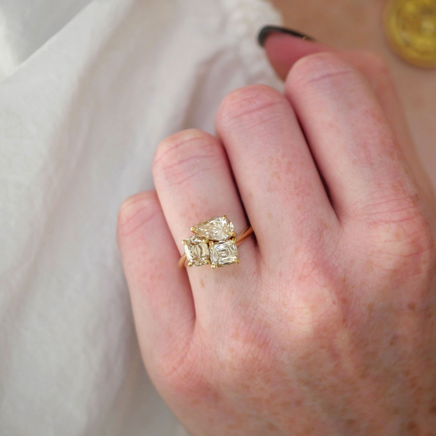 Pear and Cushion Trio Ring
