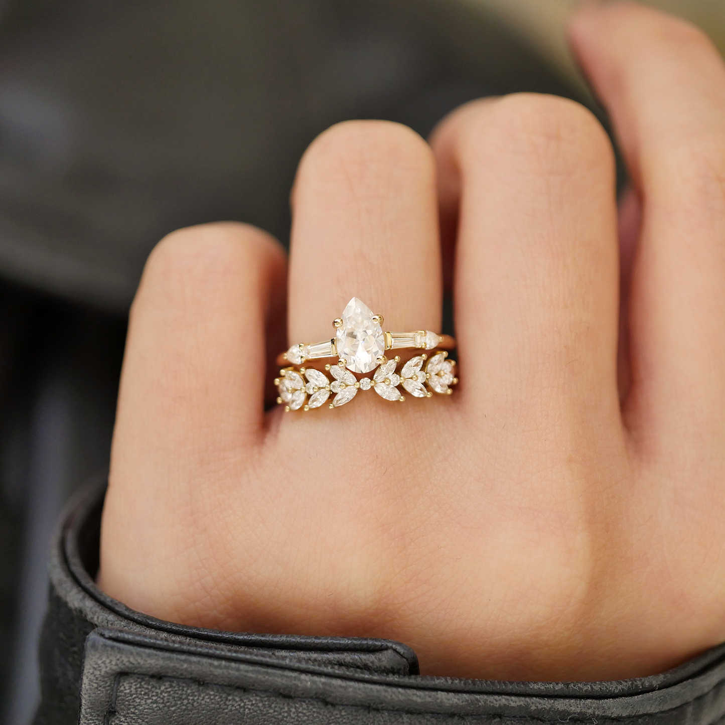 Pear Moissanite and Baguette Engagement Ring