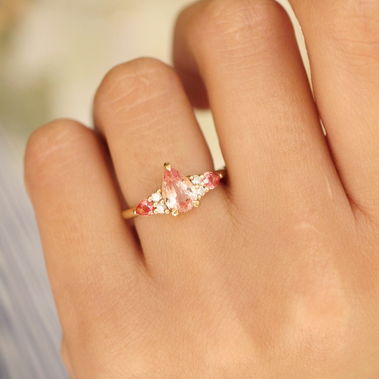 Custom Peach Pear Shaped Sapphire Engagement Ring