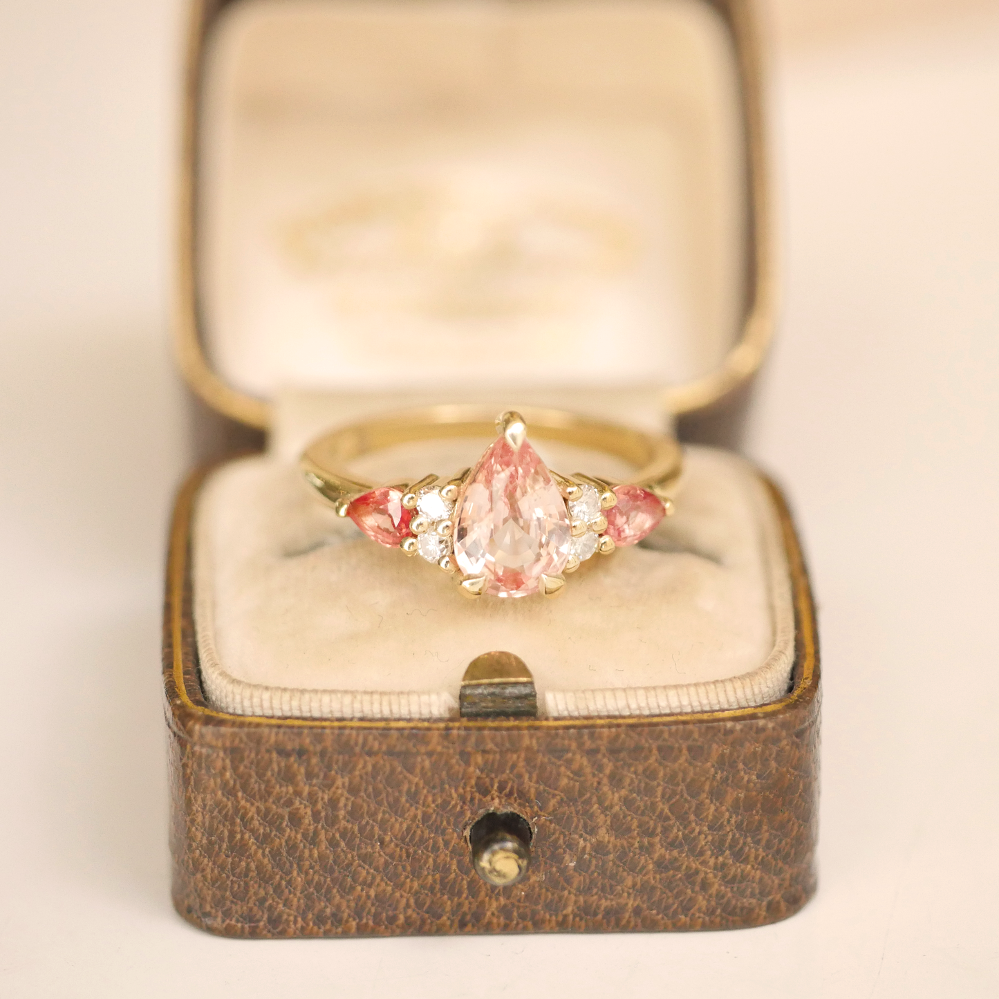 Custom Peach Pear Shaped Sapphire Engagement Ring