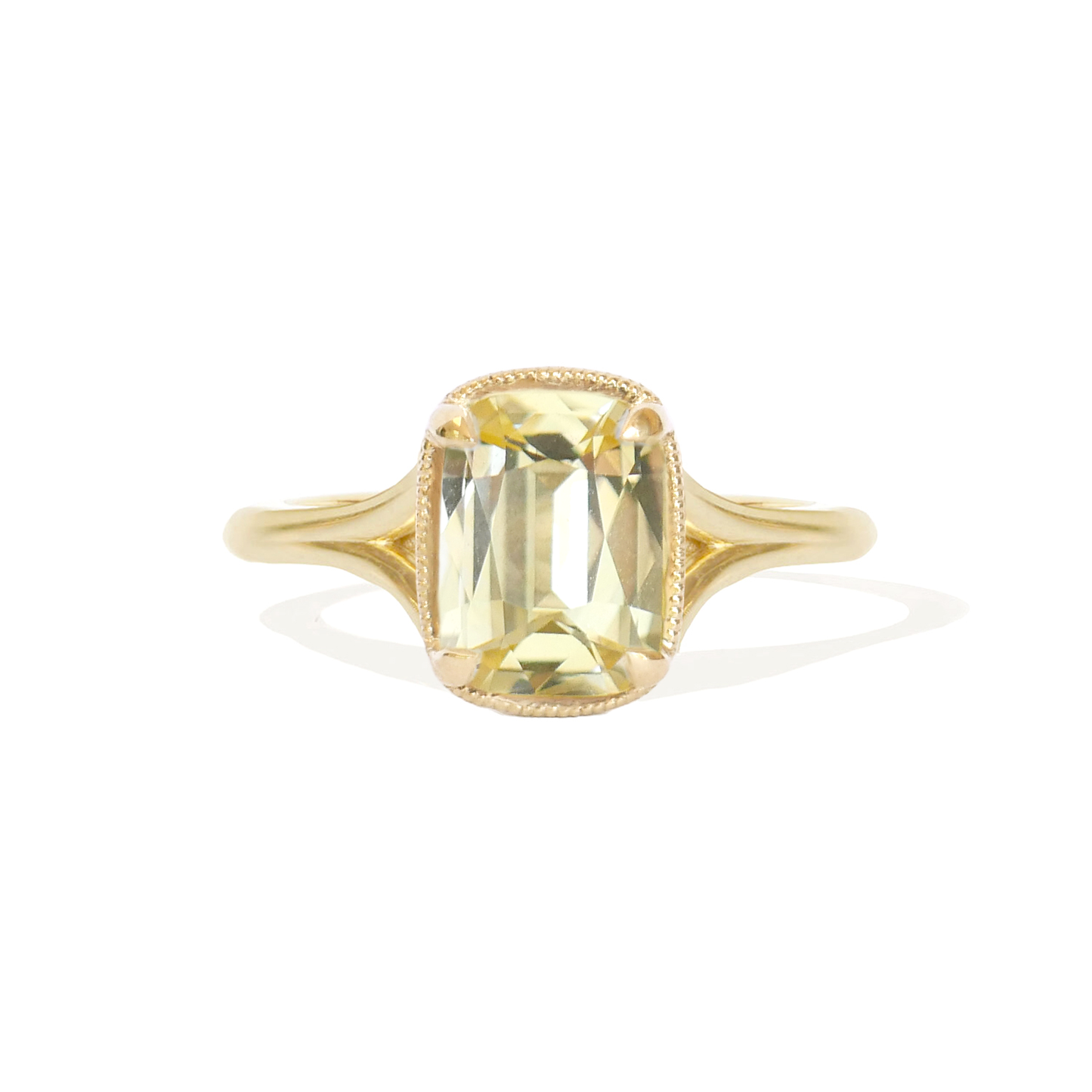Yellow Elongated Antique Cushion Sapphire Split Shank Solitaire