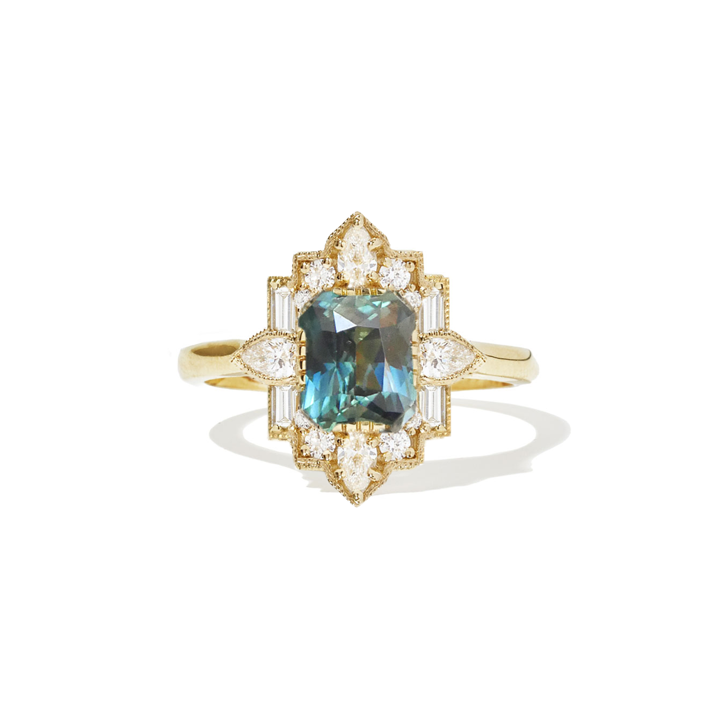 Radiant Teal Sapphire Deco Pear & Emerald Diamond Mosaic Ring