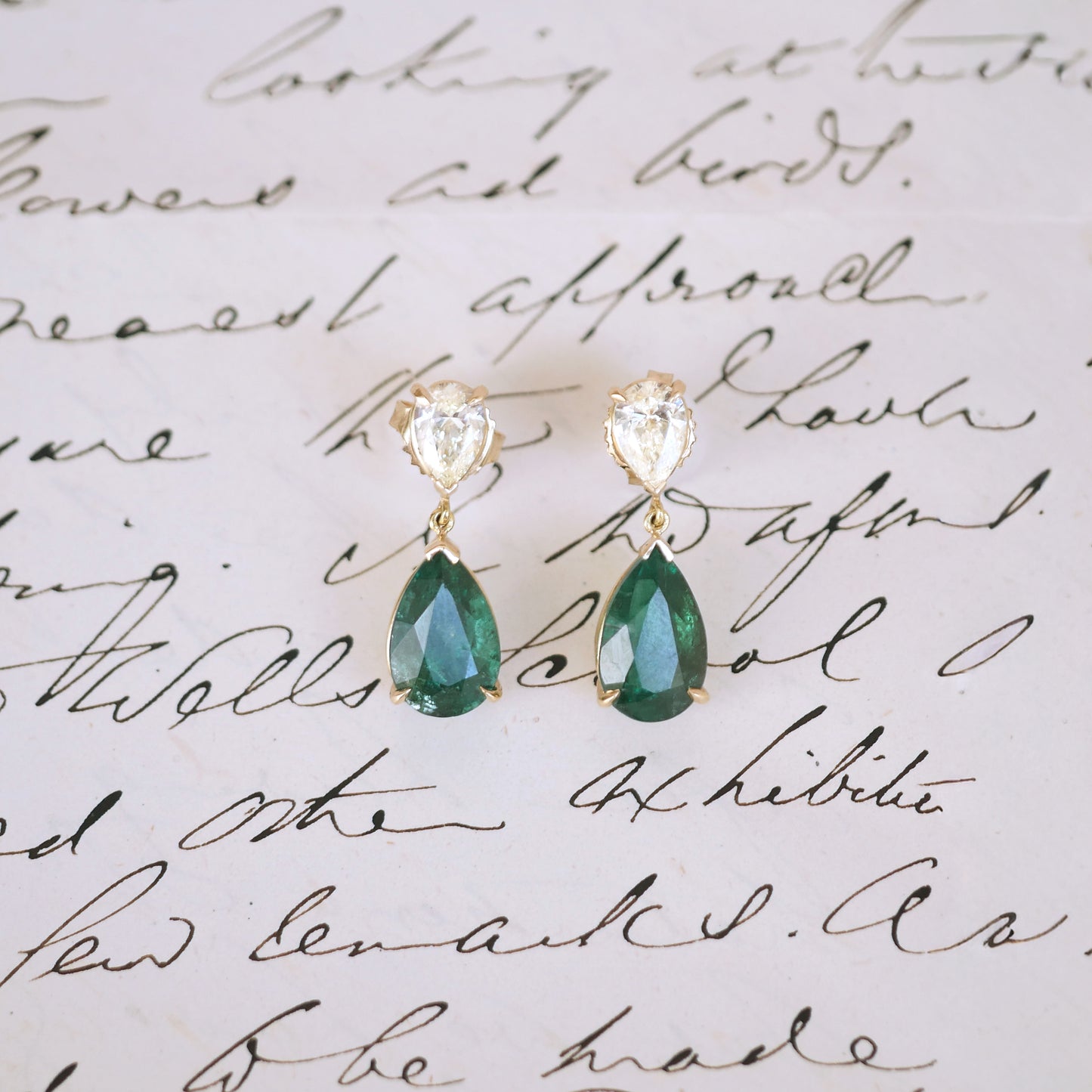 Vintage Diamond Emerald Drop Earrings