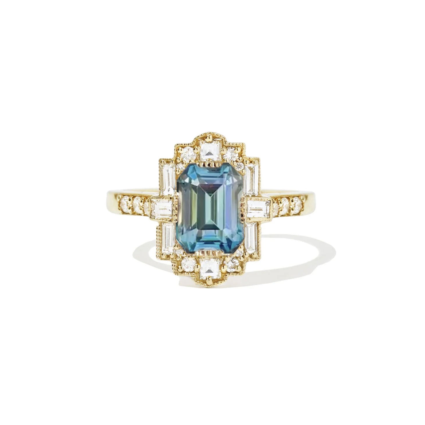 Teal Emerald Cut Sapphire Deco Halo Diamond Ring