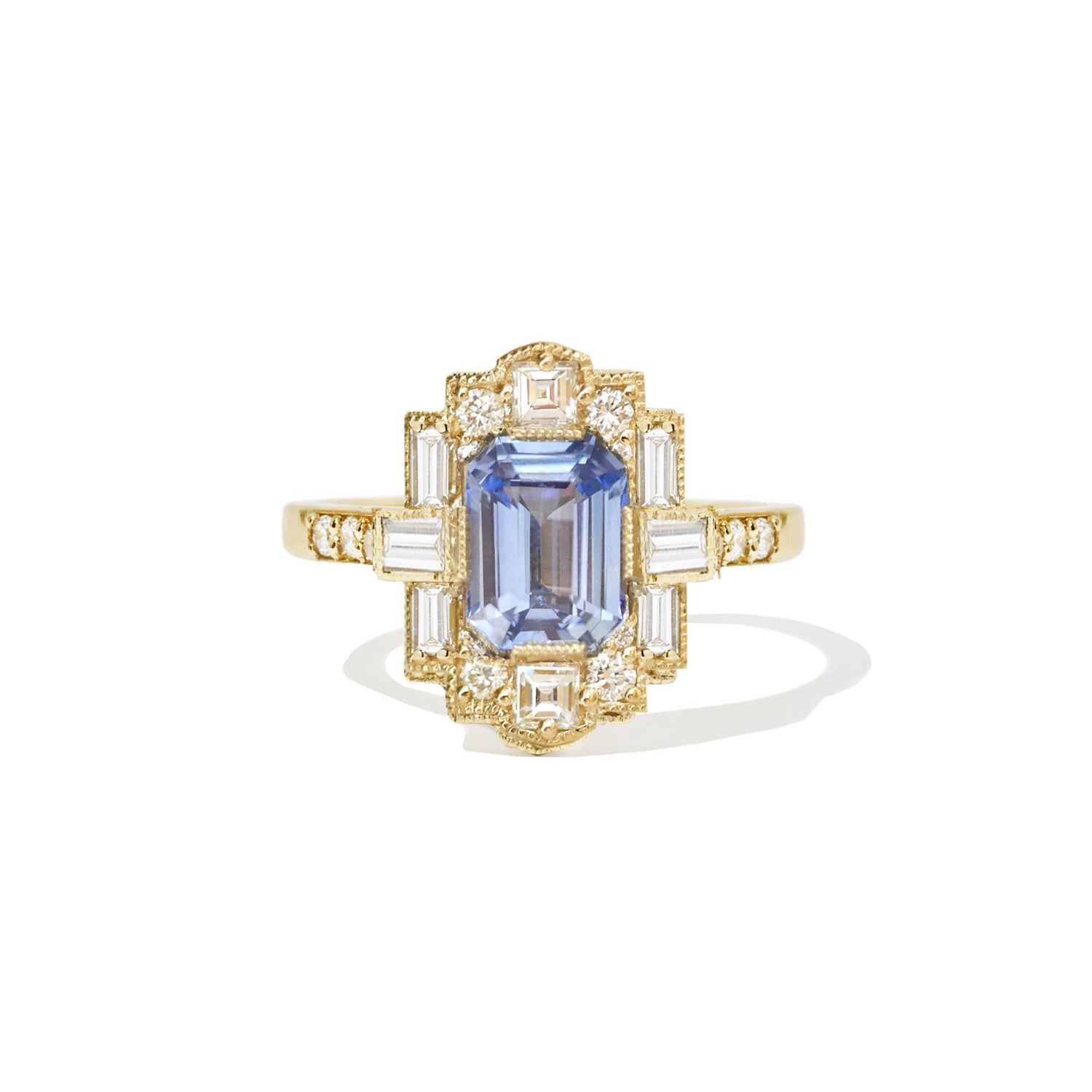 Cornflower Blue Sapphire Deco Emerald Cut Diamond Ring