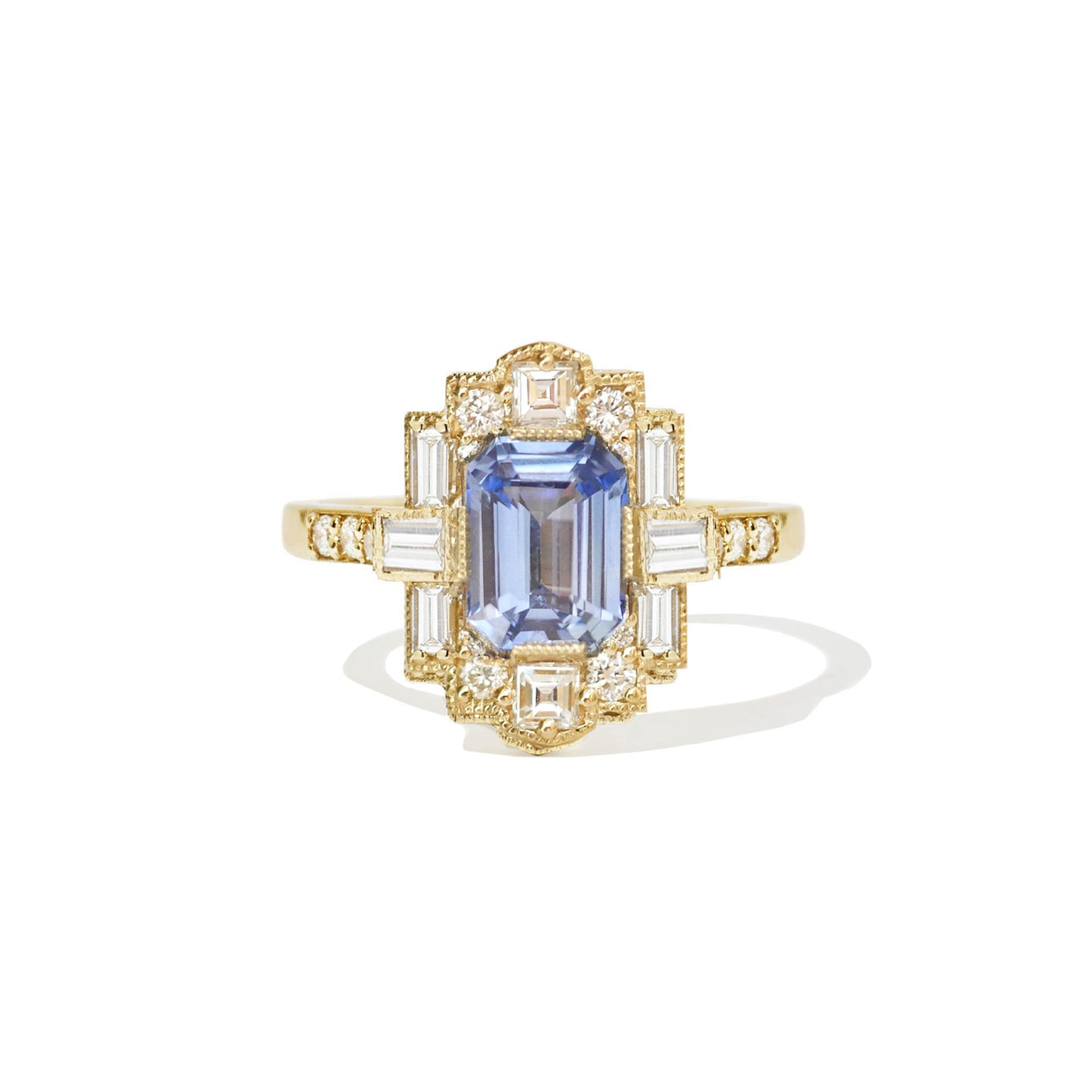Cornflower Blue Sapphire Deco Emerald Cut Diamond Ring