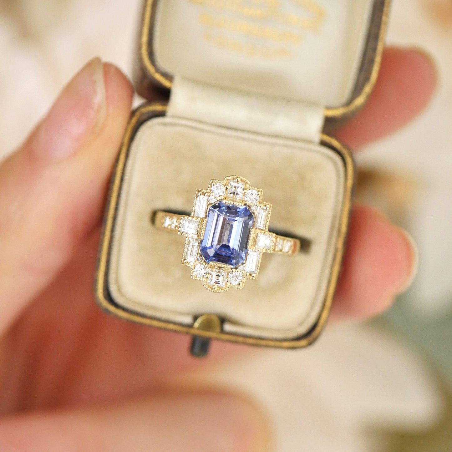 Cornflower Blue Sapphire Deco Emerald Cut Diamond Ring