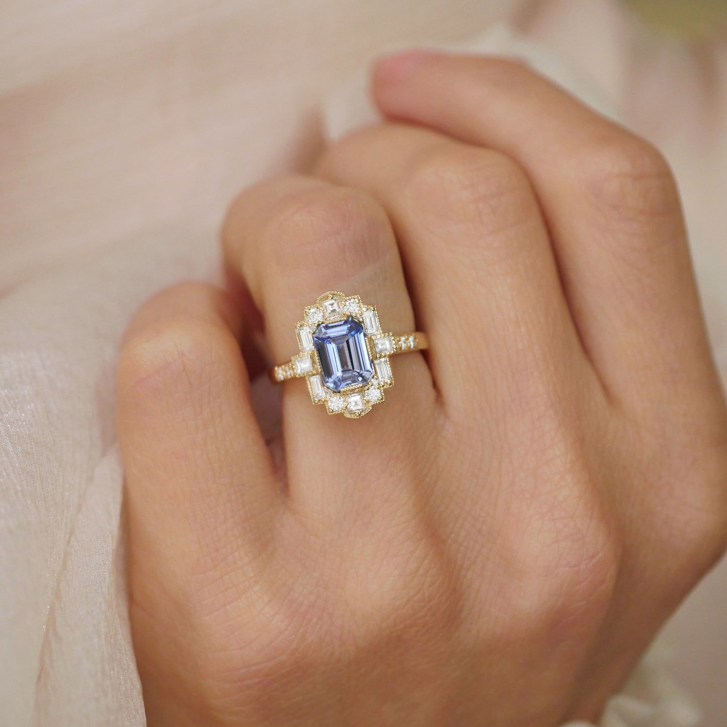 Cornflower Blue Sapphire Deco Emerald Cut Diamond Ring