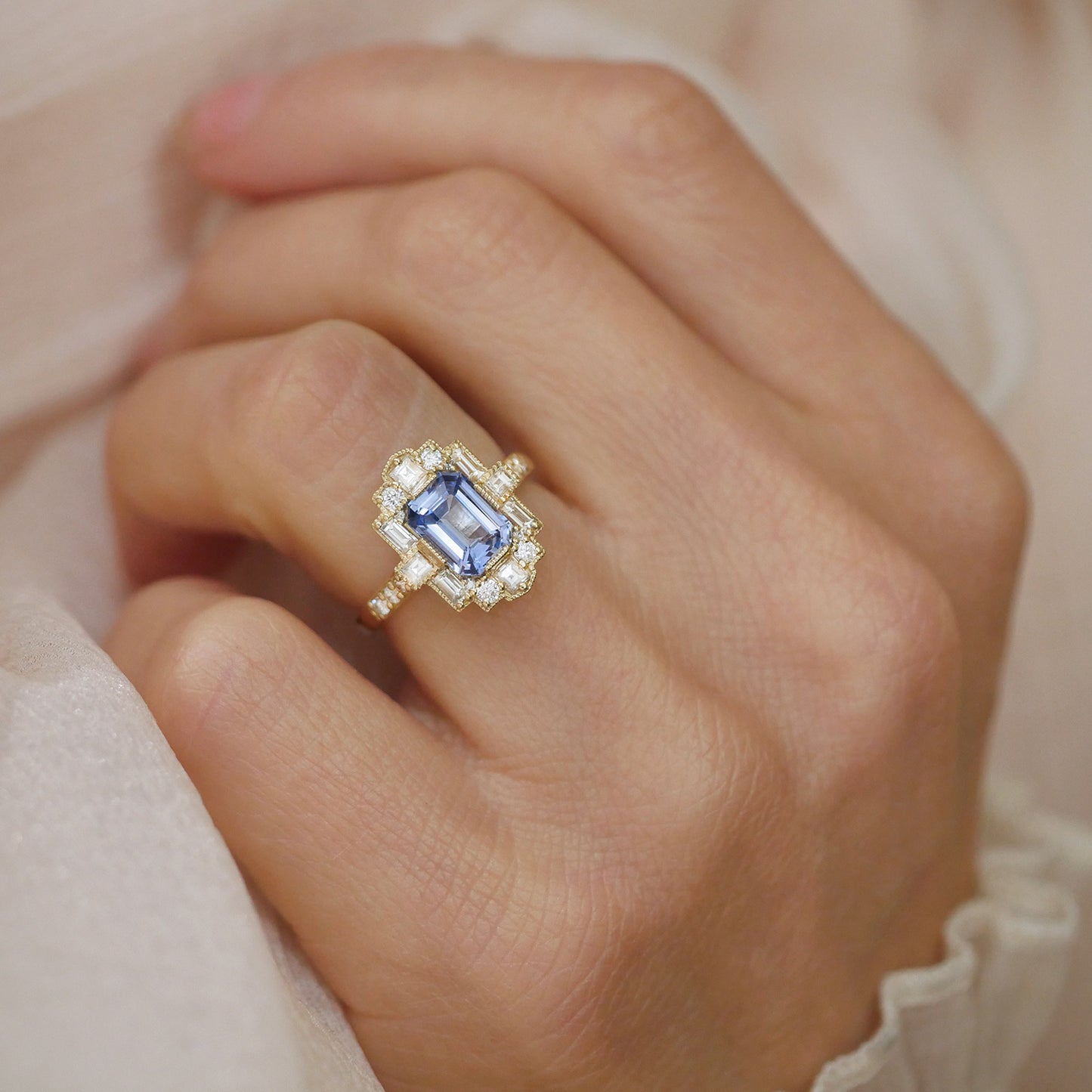 Cornflower Blue Sapphire Deco Emerald Cut Diamond Ring