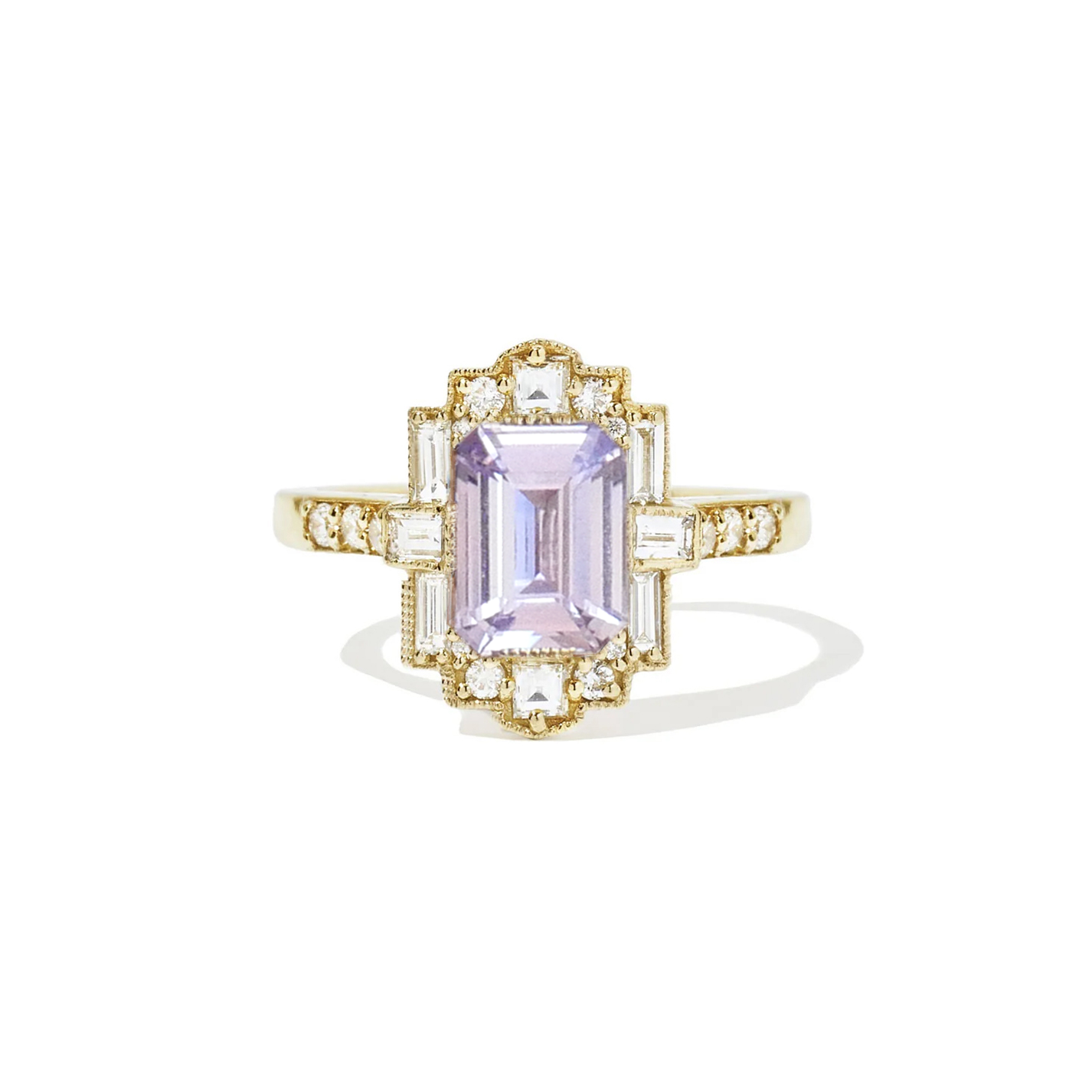 Lavender Emerald Cut Sapphire Deco Halo Diamond Ring