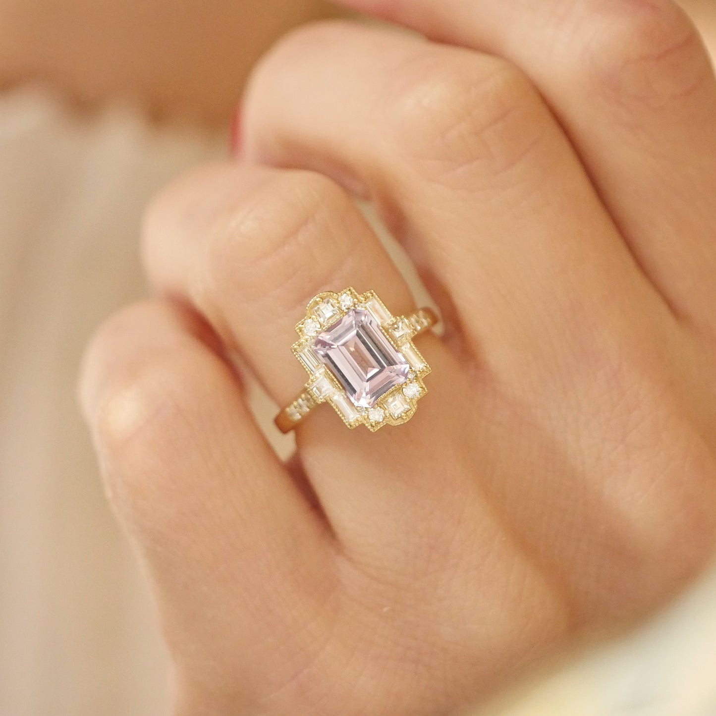 Lavender Emerald Cut Sapphire Deco Halo Diamond Ring