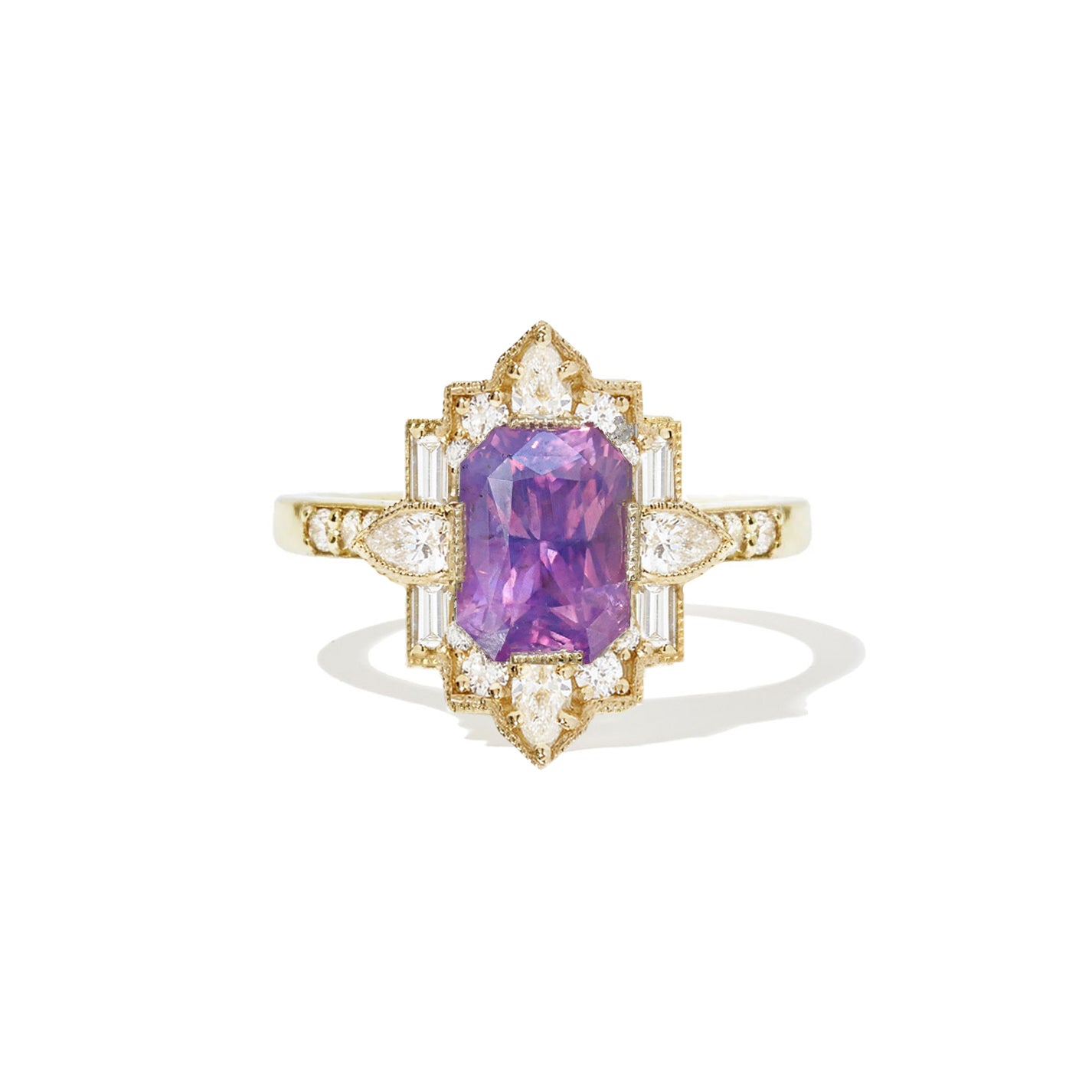 Opalescent Pink/Purple Sapphire Deco Pear & Emerald Diamond Mosaic Ring