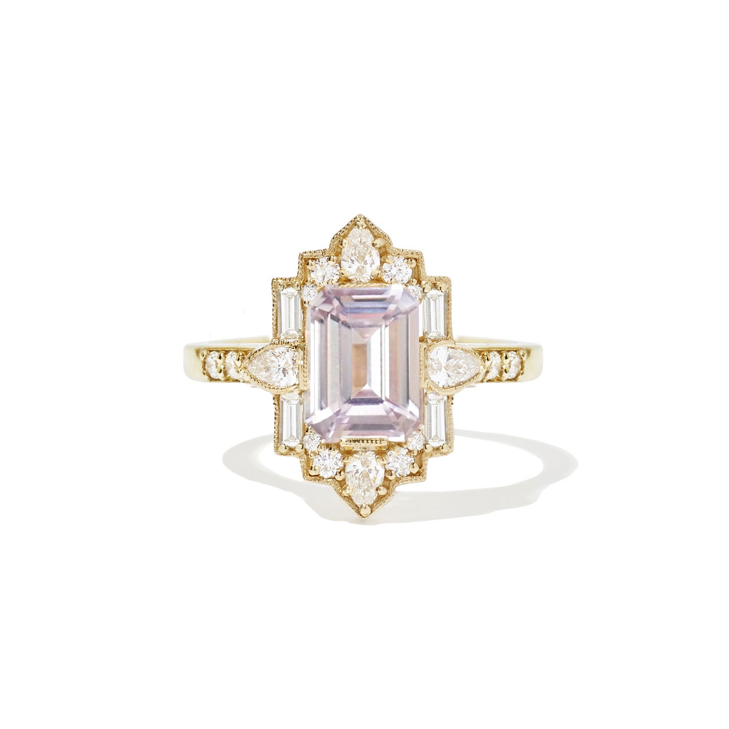 Lavender Sapphire Deco Pear and Emerald Cut Diamond Ring