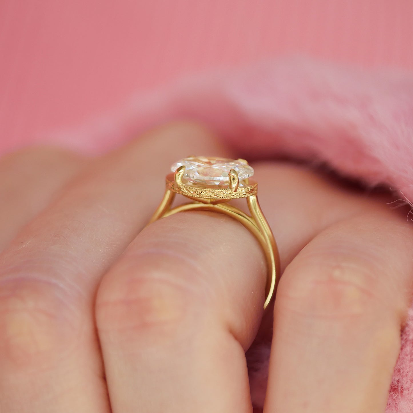 Custom East West Oval Diamond Ring w/ Milgrain Border & Hand Engraved Basket