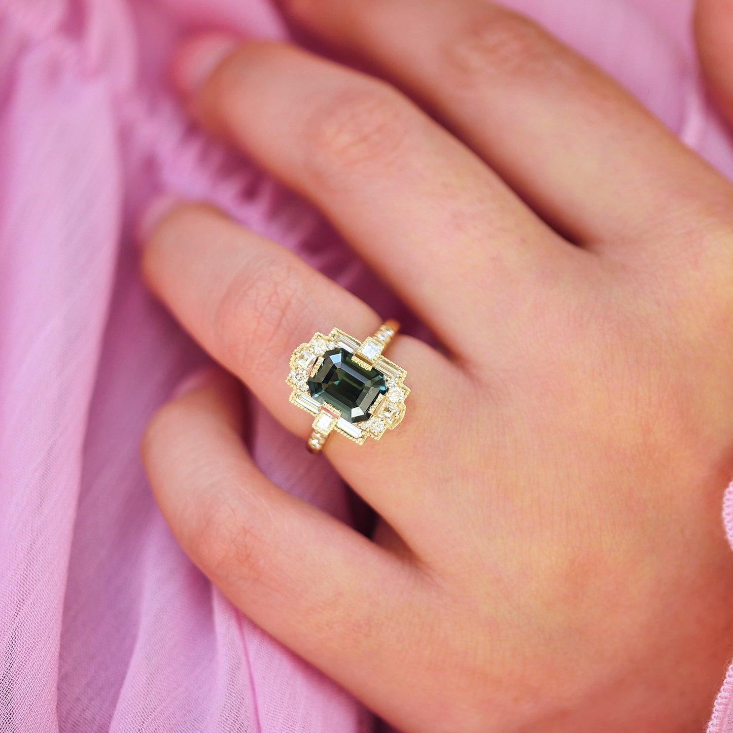 Teal Sapphire Deco Emerald Cut Diamond Mosaic Ring
