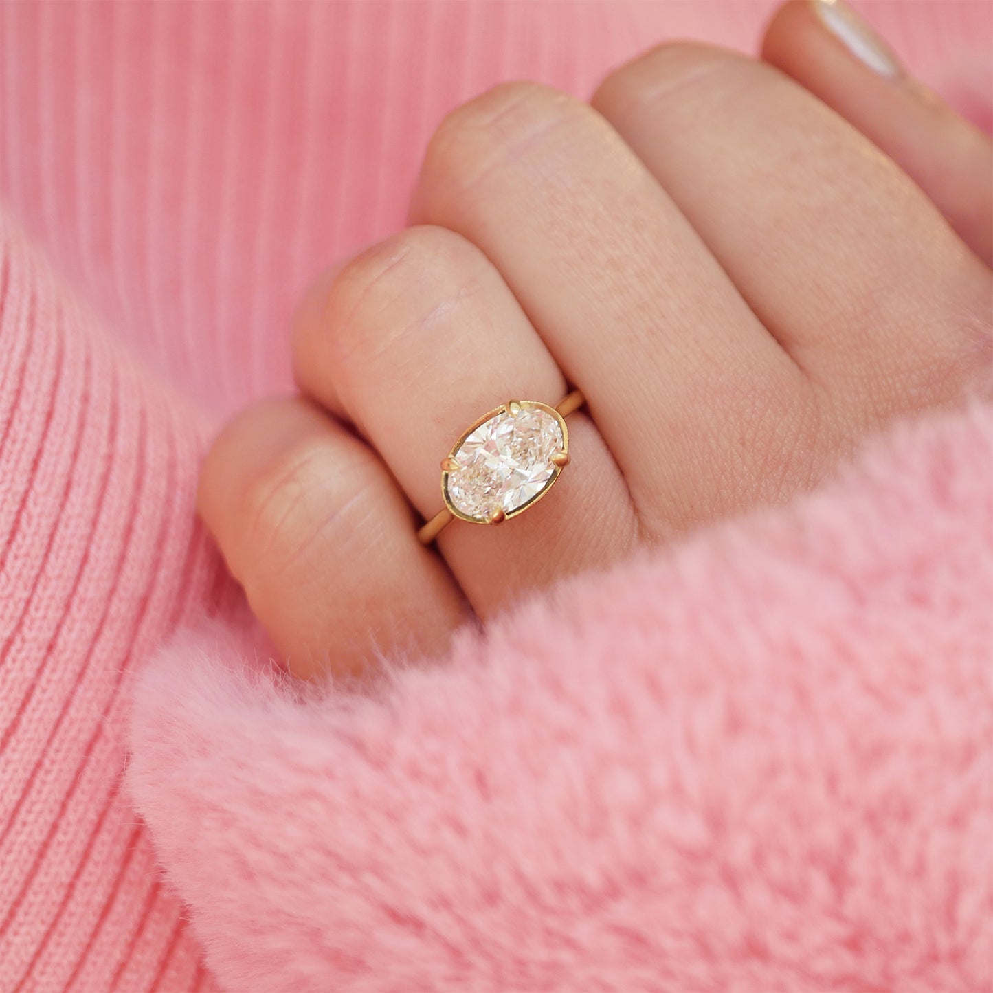 Custom East West Oval Diamond Ring w/ Milgrain Border & Hand Engraved Basket