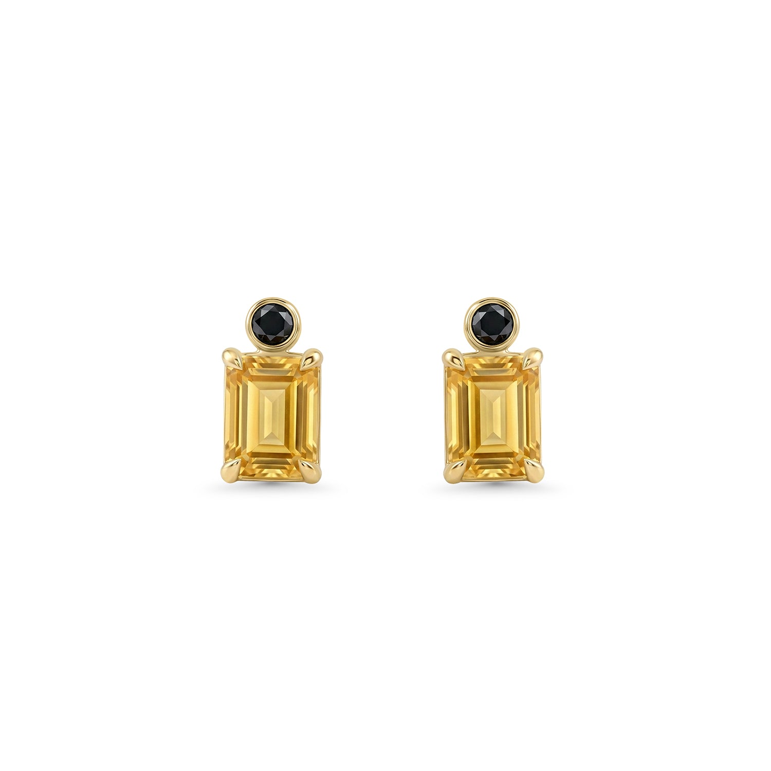 Custom Emerald Cut Natural Citrine Stud Earrings with Black Diamonds