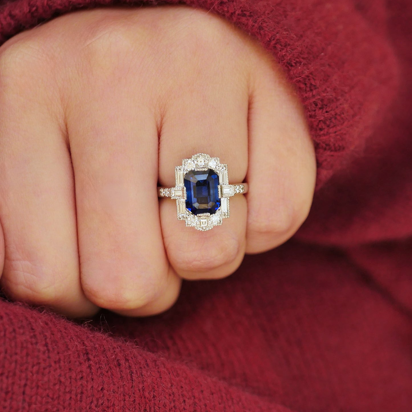 Ceylon Sapphire Deco Emerald Cut Diamond Mosaic Ring