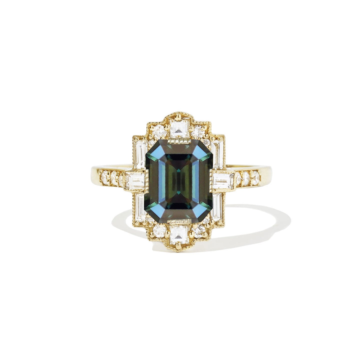 Teal Sapphire Deco Emerald Cut Diamond Mosaic Ring