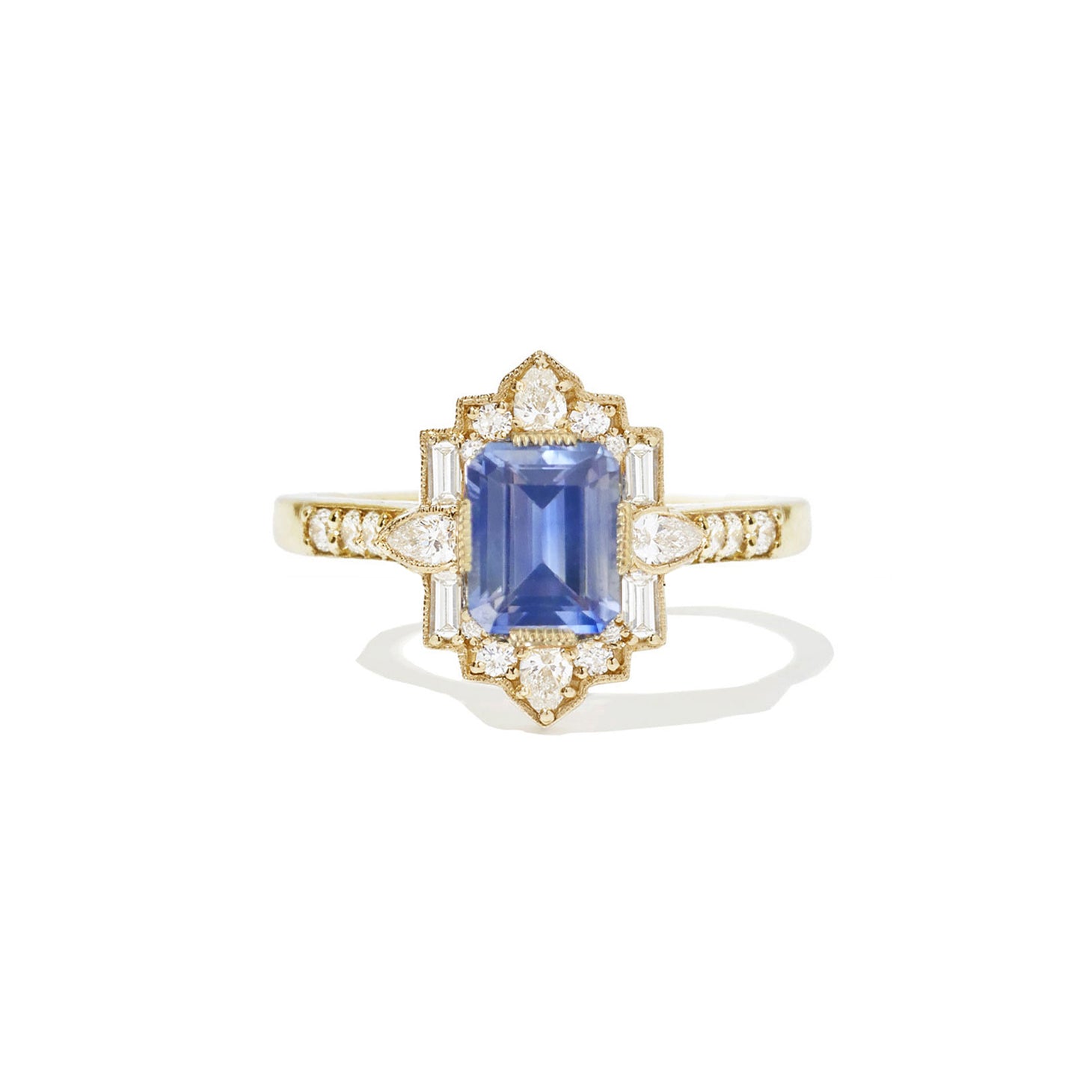 Emerald Blue Sapphire Deco Pear and Emerald Cut Diamond Ring
