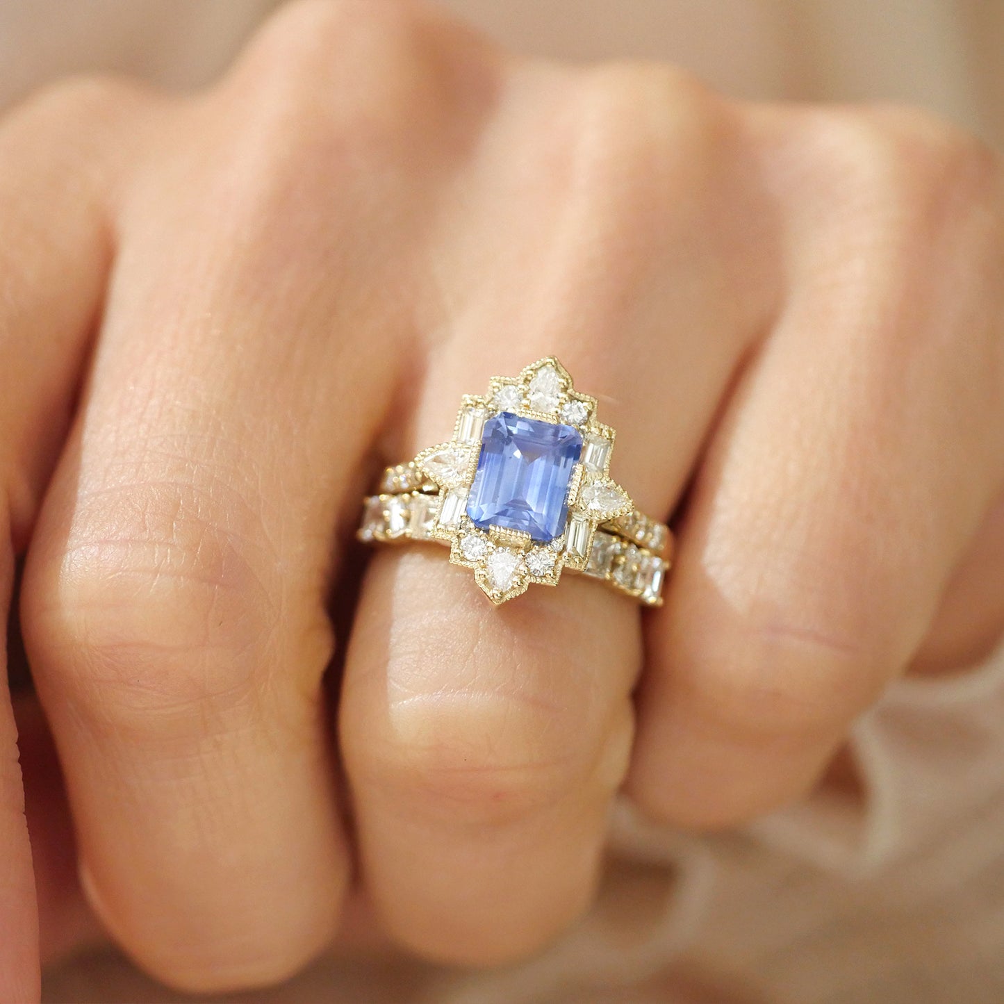 Emerald Blue Sapphire Deco Pear and Emerald Cut Diamond Ring