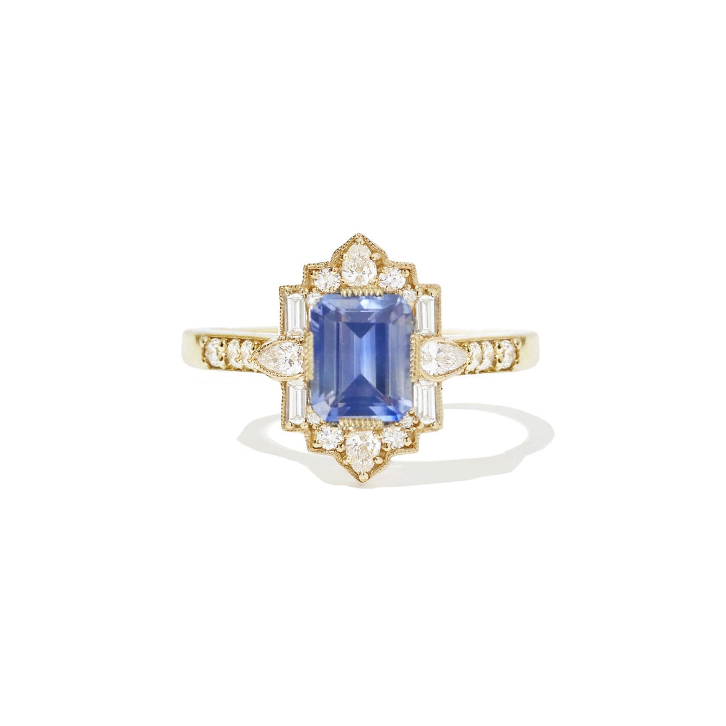 Emerald Blue Sapphire Deco Pear and Emerald Cut Diamond Ring