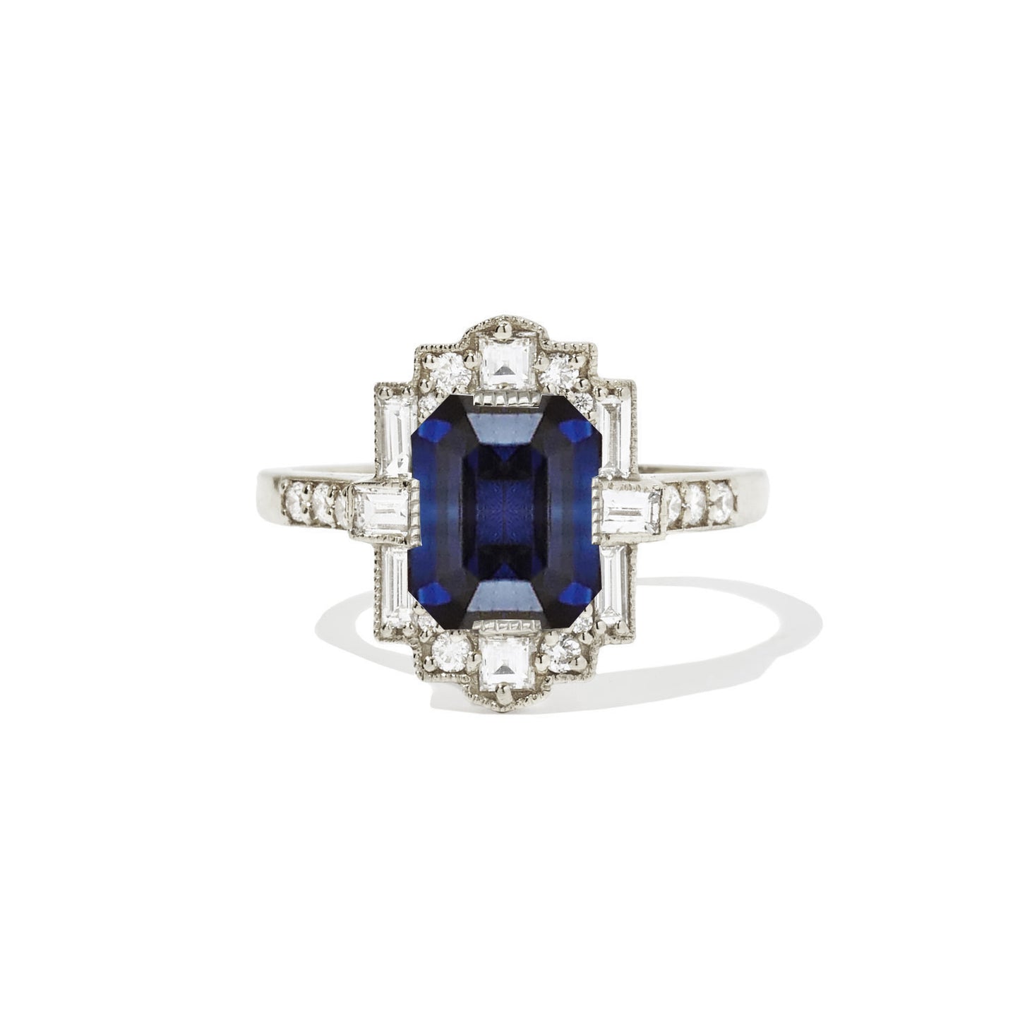 Ceylon Sapphire Deco Emerald Cut Diamond Mosaic Ring