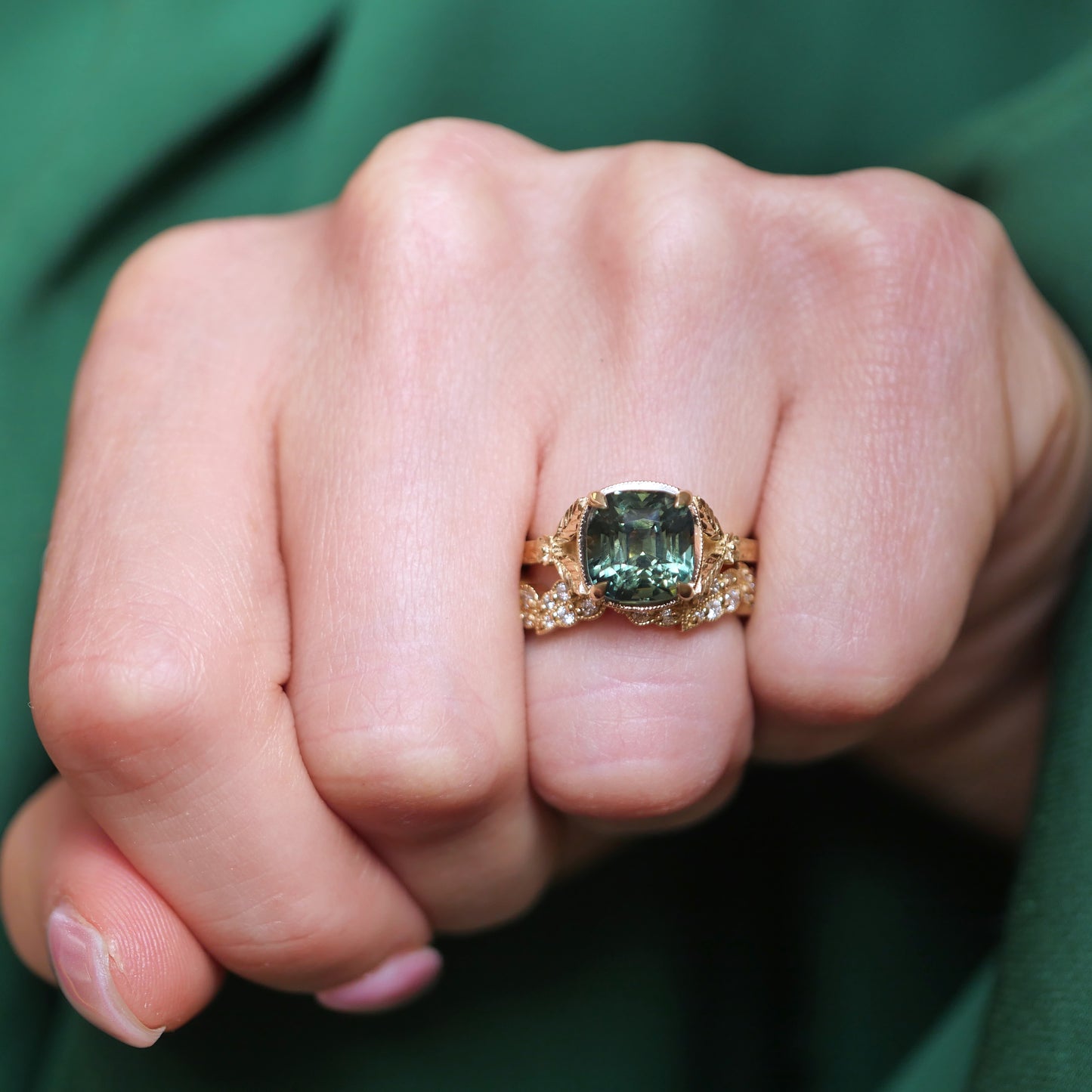 Forest Green Sapphire Split Shank Solitaire w/ leaves