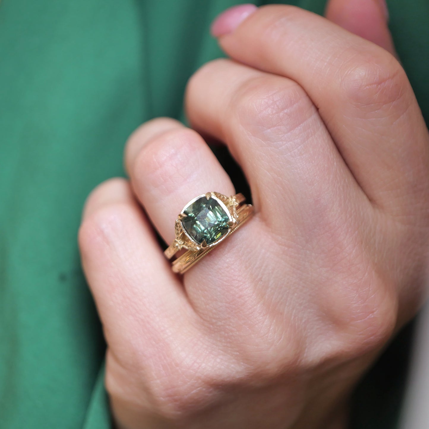 Forest Green Sapphire Split Shank Solitaire w/ leaves
