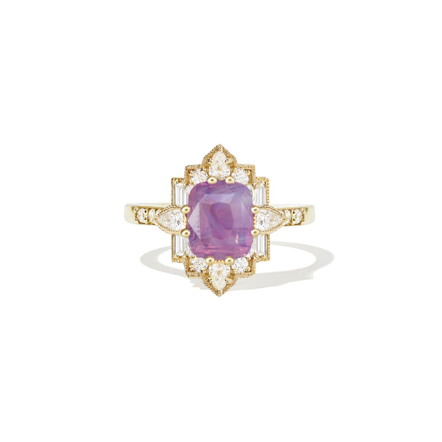 Purple Milky Sapphire Deco Pear & Emerald Diamond Mosaic Ring