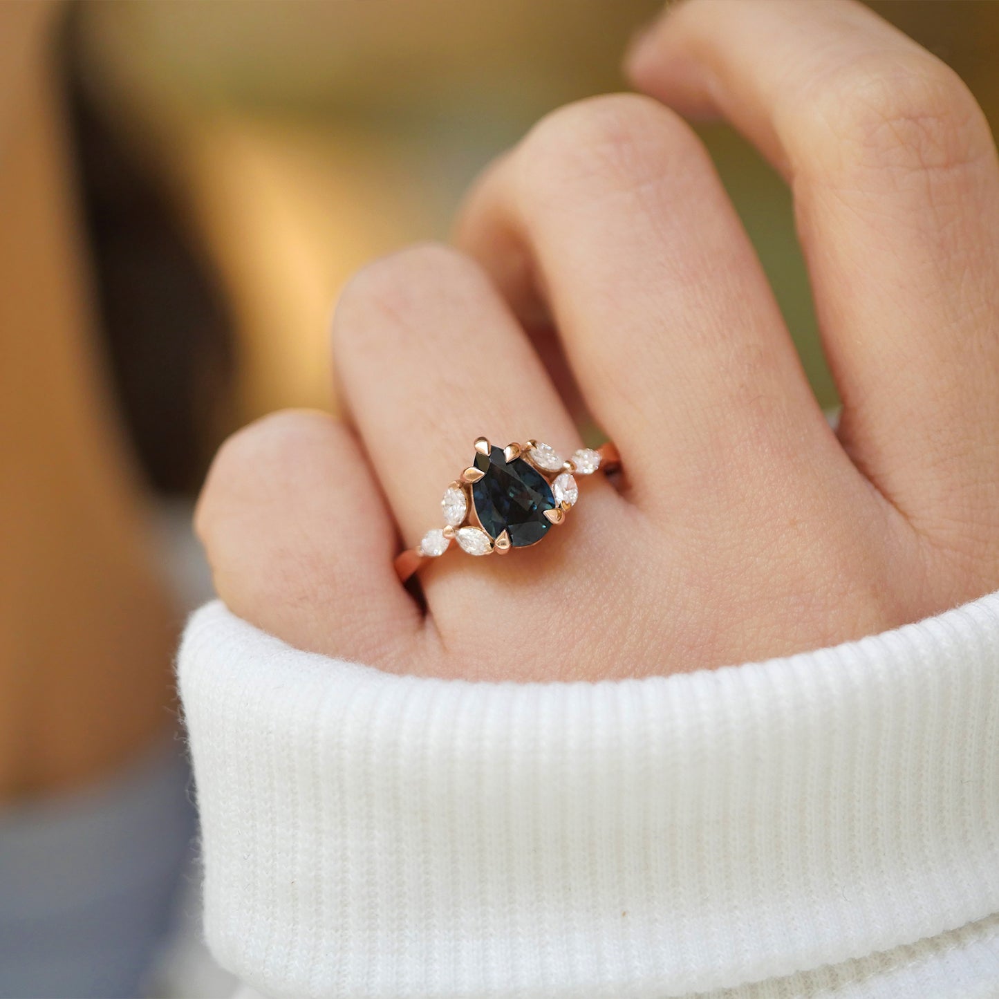Teal Pear Sapphire and Marquise Rose Gold Ring