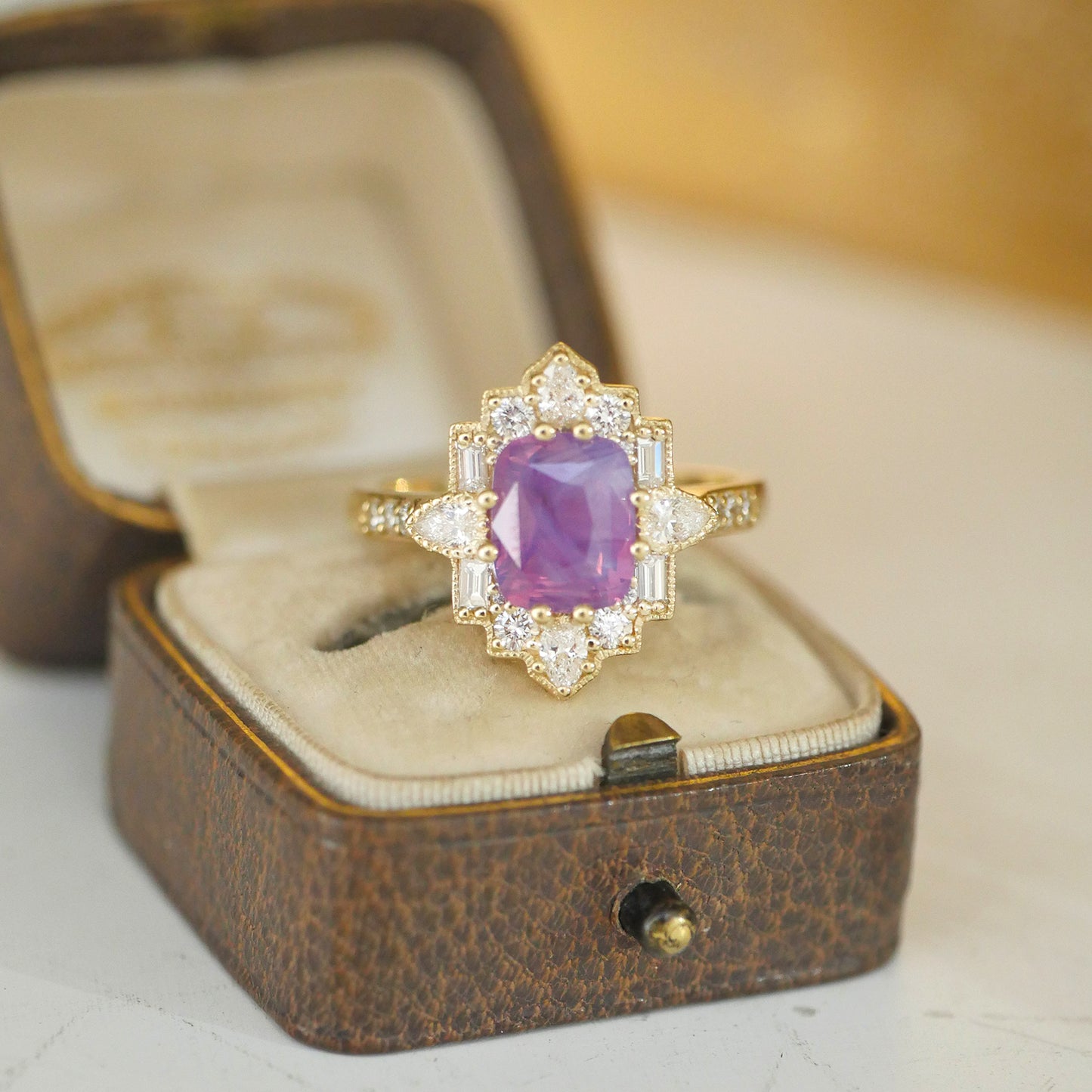 Purple Milky Sapphire Deco Pear & Emerald Diamond Mosaic Ring