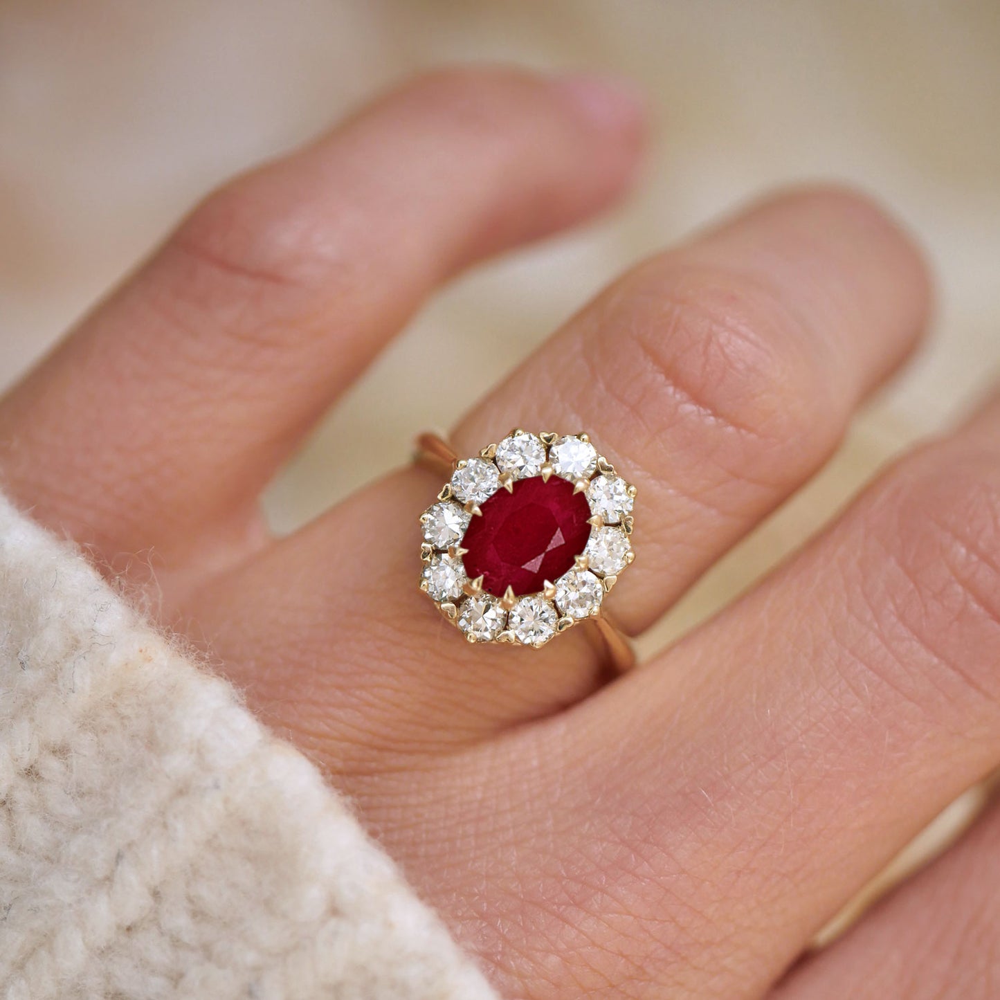 Ruby & Old European Cut Diamond Cluster Ring