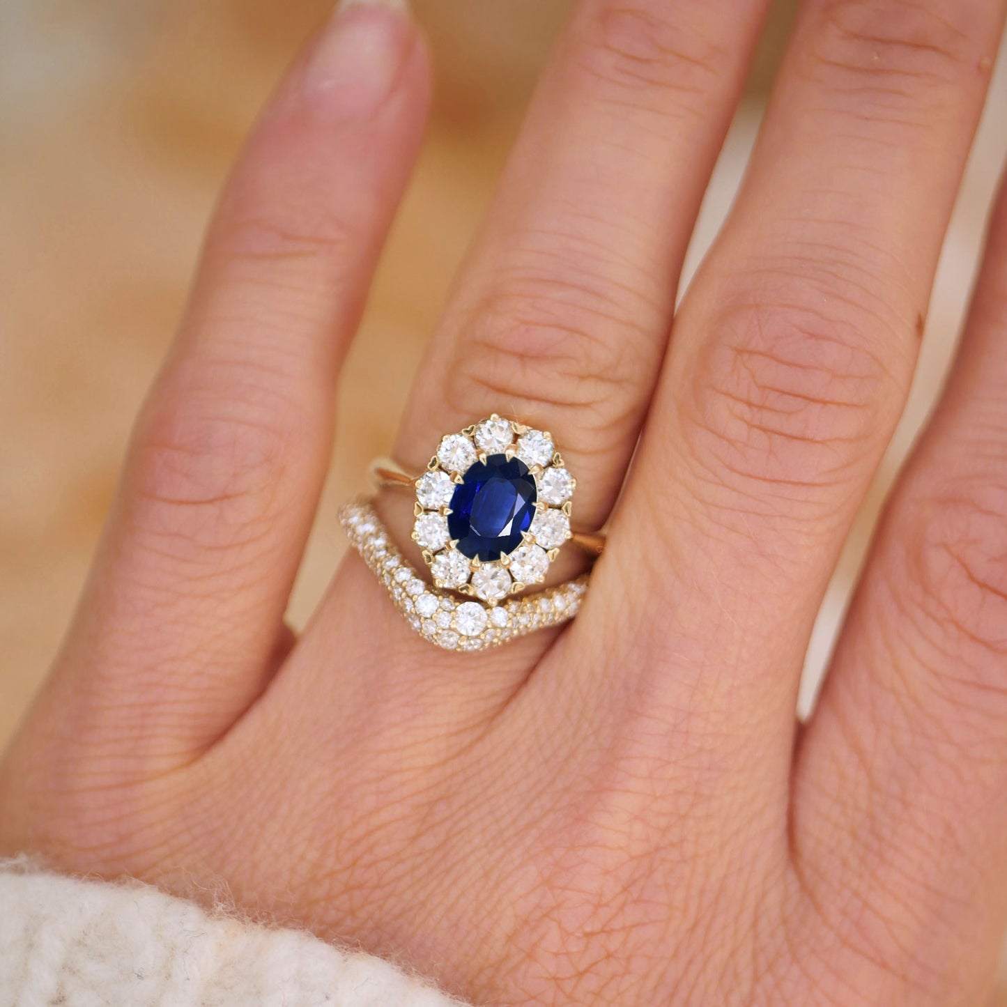 Sapphire & Old European Cut Diamond Cluster Ring