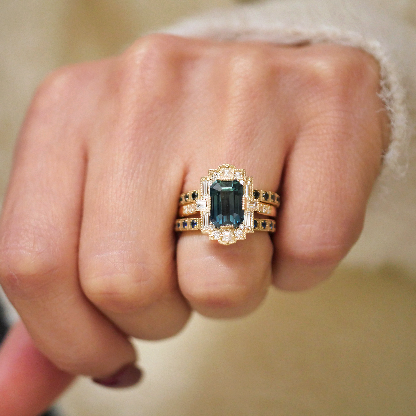 Teal Sapphire Deco Emerald Cut Diamond Mosaic Ring