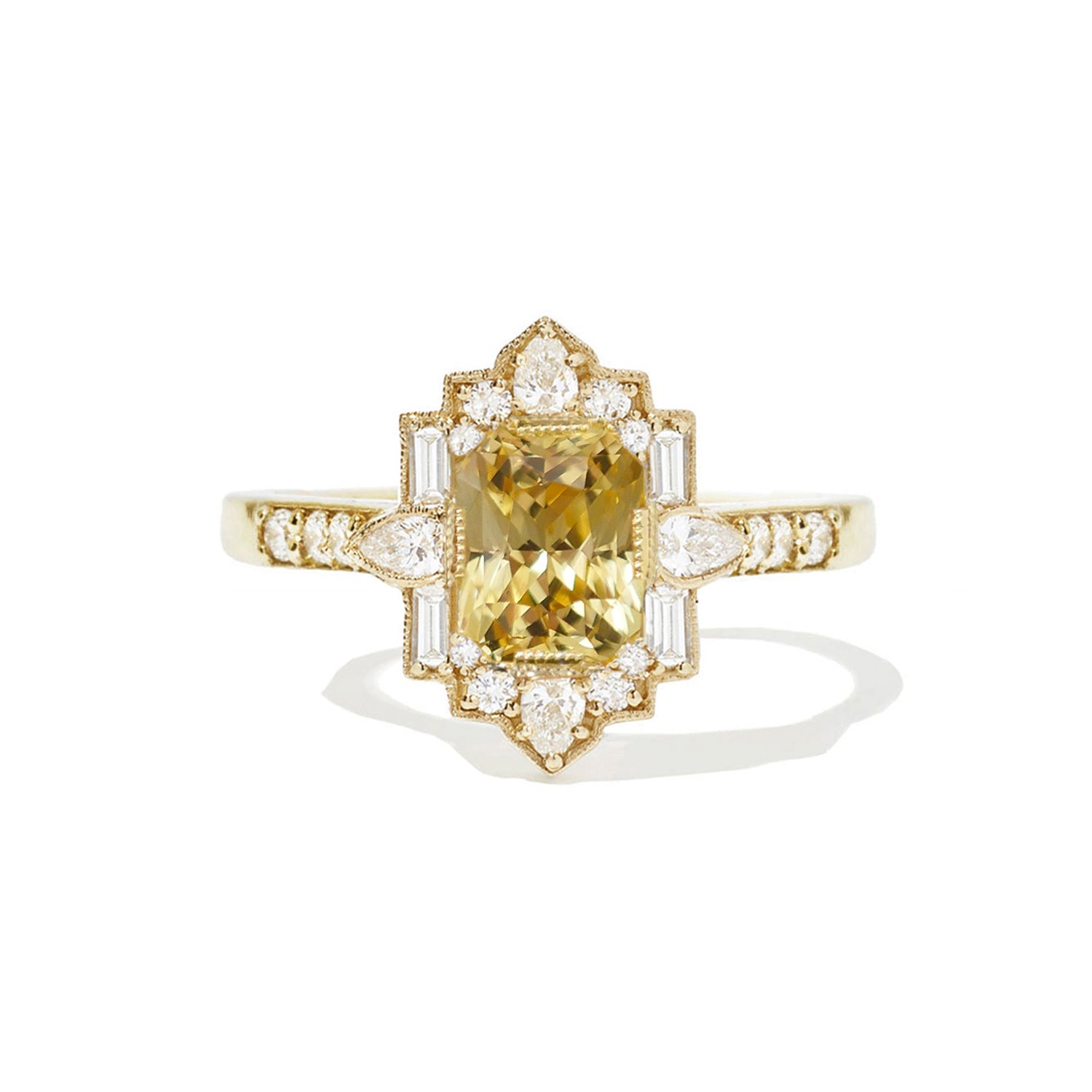Yellow Sapphire Deco Pear and Emerald Cut Diamond Ring