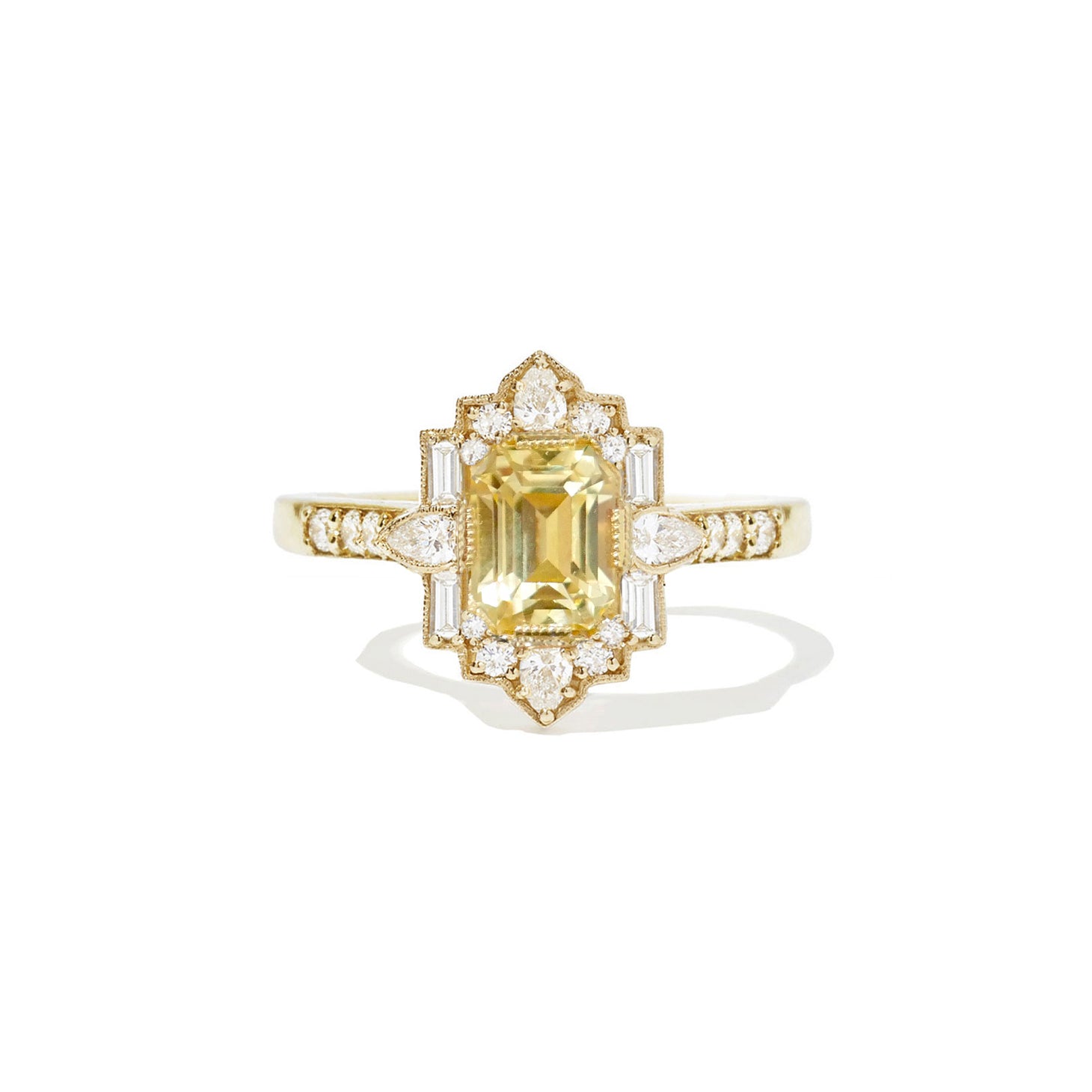 Yellow Sapphire Deco Pear and Emerald Cut Diamond Ring