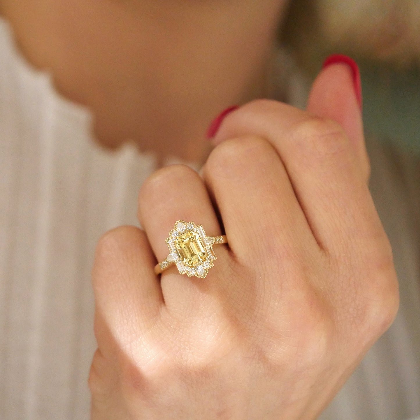 Yellow Sapphire Deco Pear and Emerald Cut Diamond Ring
