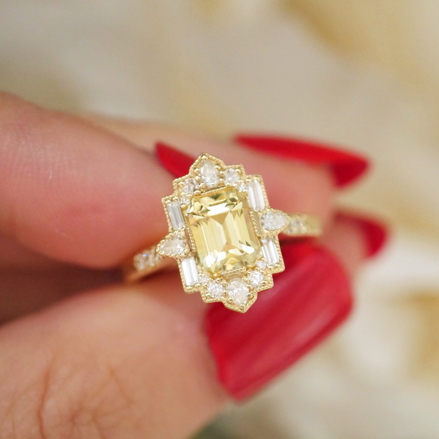 Yellow Sapphire Deco Pear and Emerald Cut Diamond Ring